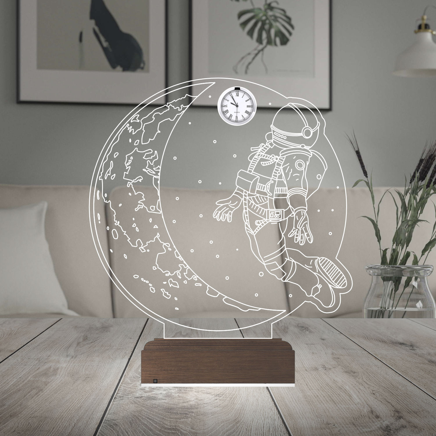 Именной подарок: 3d светильник "Астронавт и Луна" с часами 6