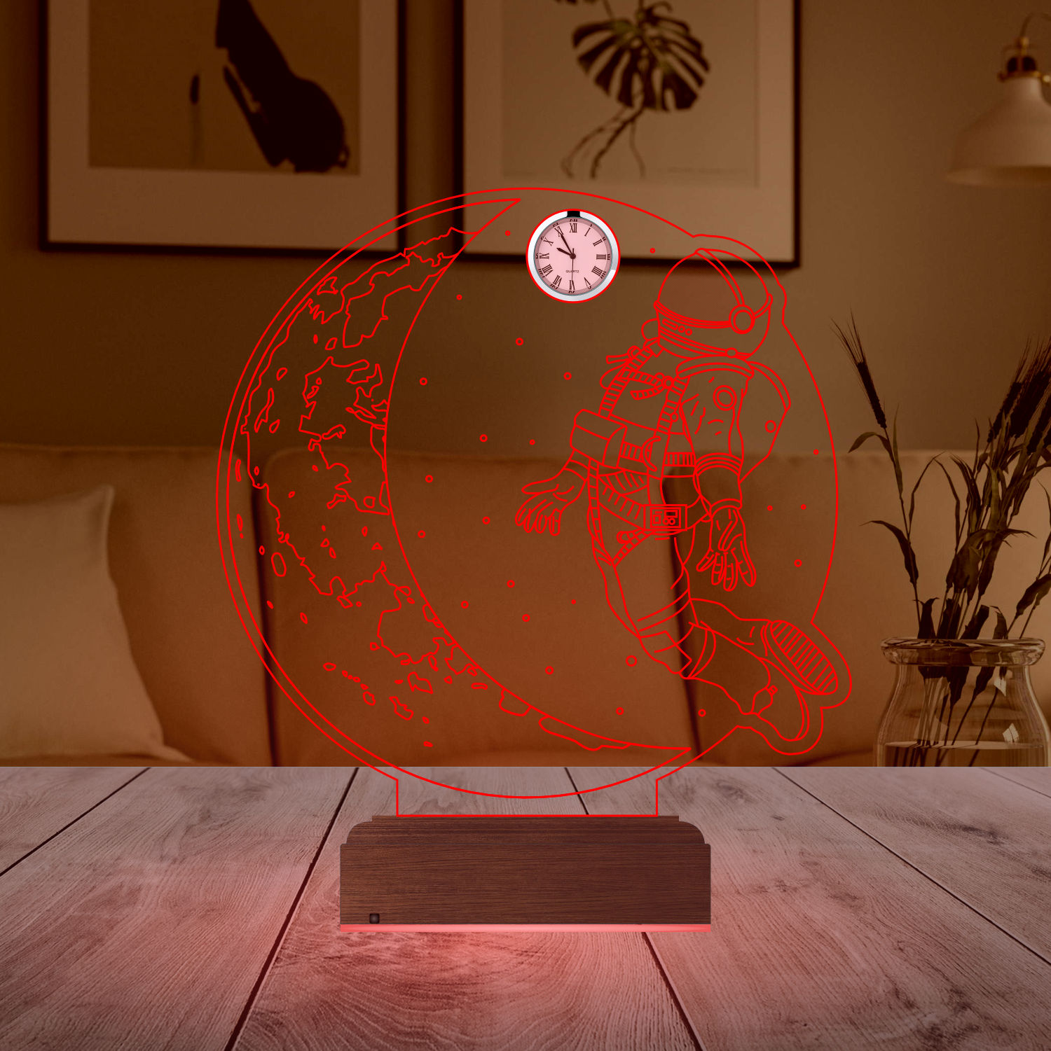 Именной подарок: 3d светильник "Астронавт и Луна" с часами 3