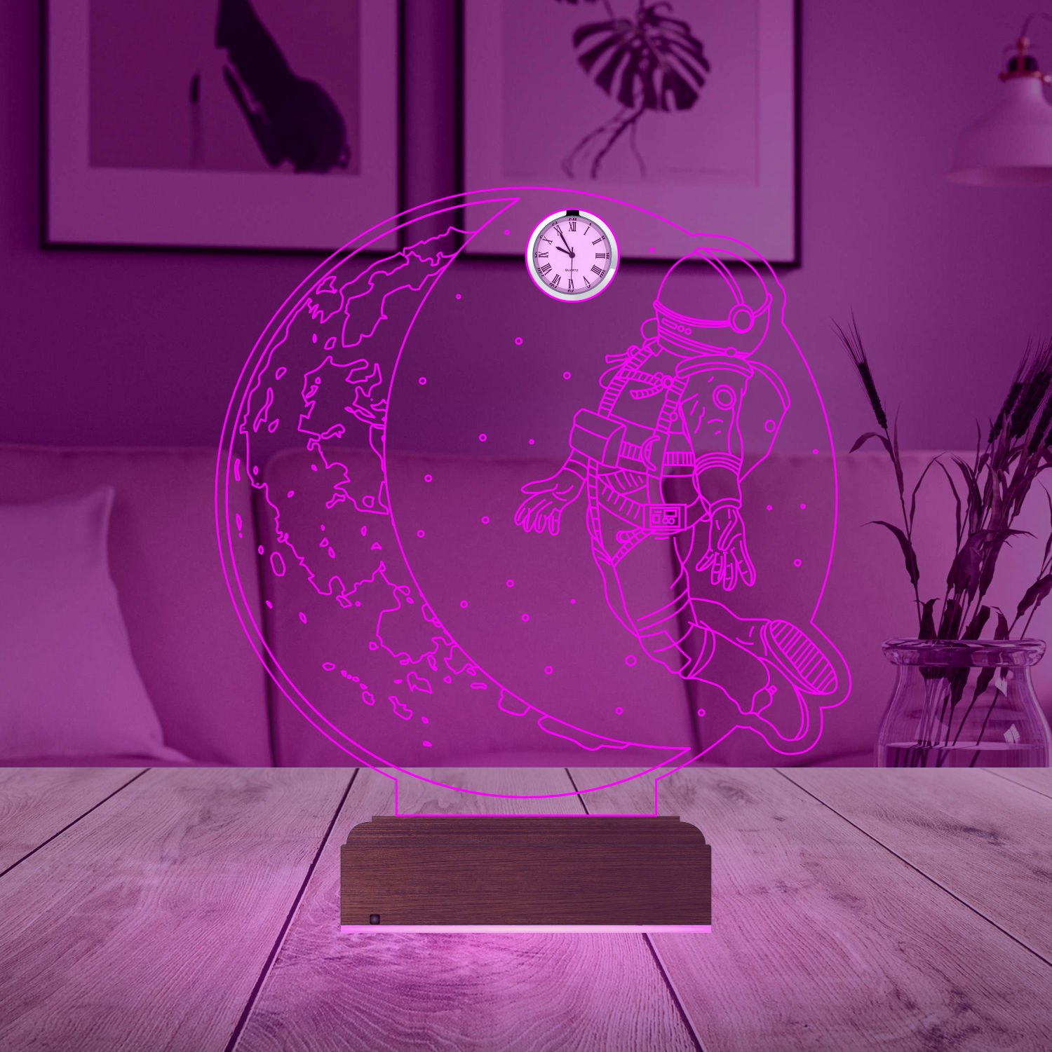 Именной подарок: 3d светильник "Астронавт и Луна" с часами 2