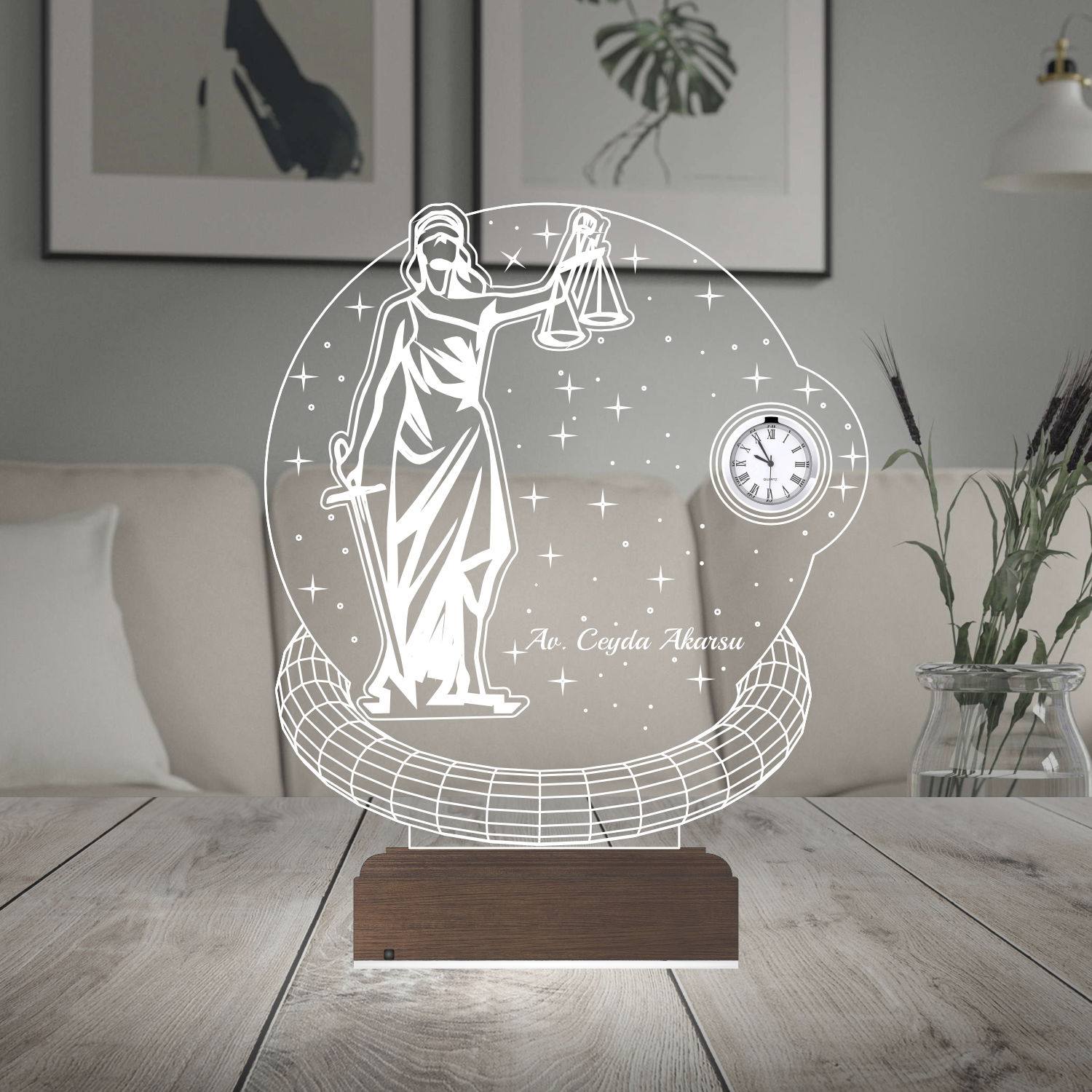 Именной подарок: 3d светильник "Фемида" с часами 6