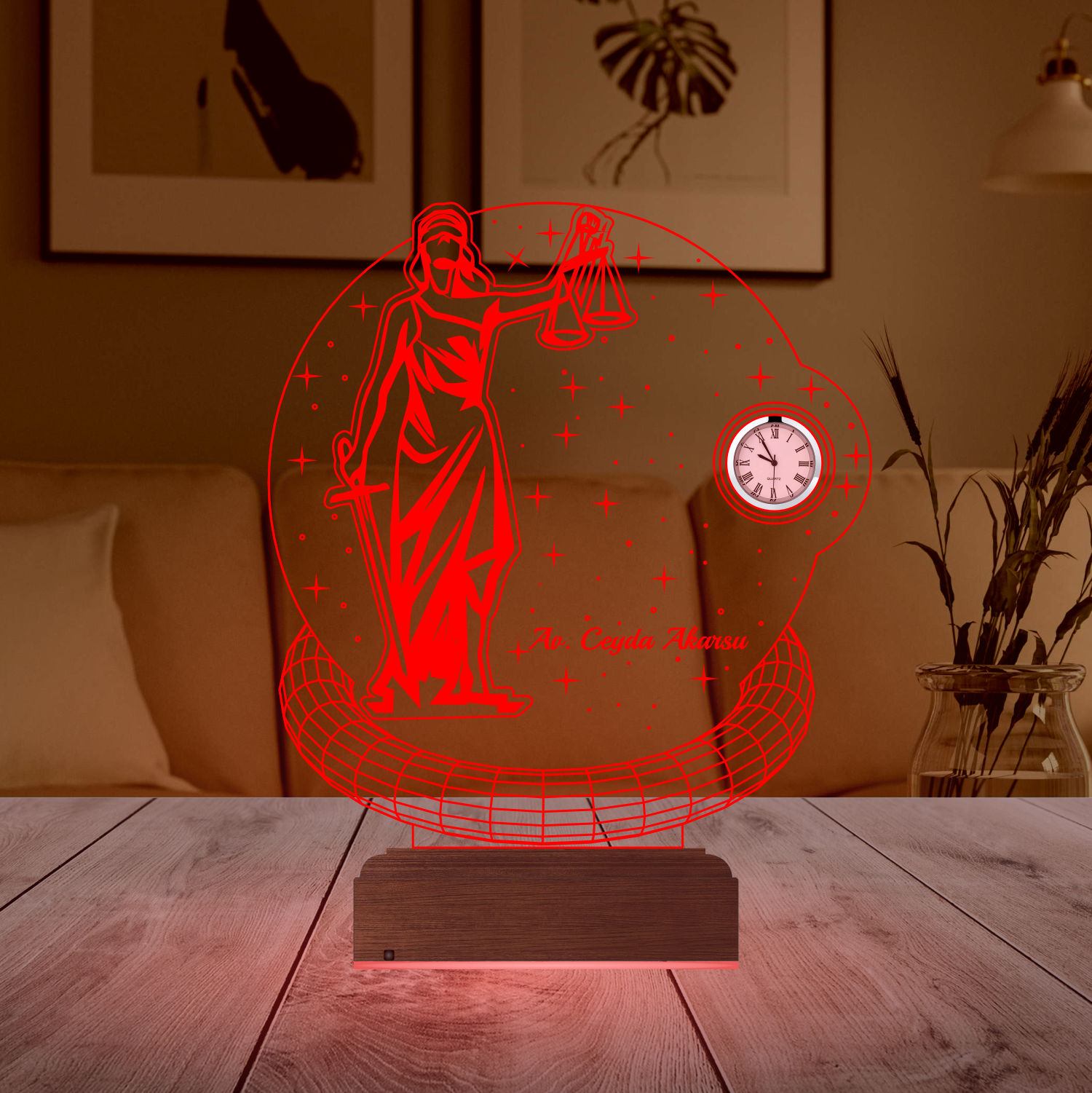 Именной подарок: 3d светильник "Фемида" с часами 3