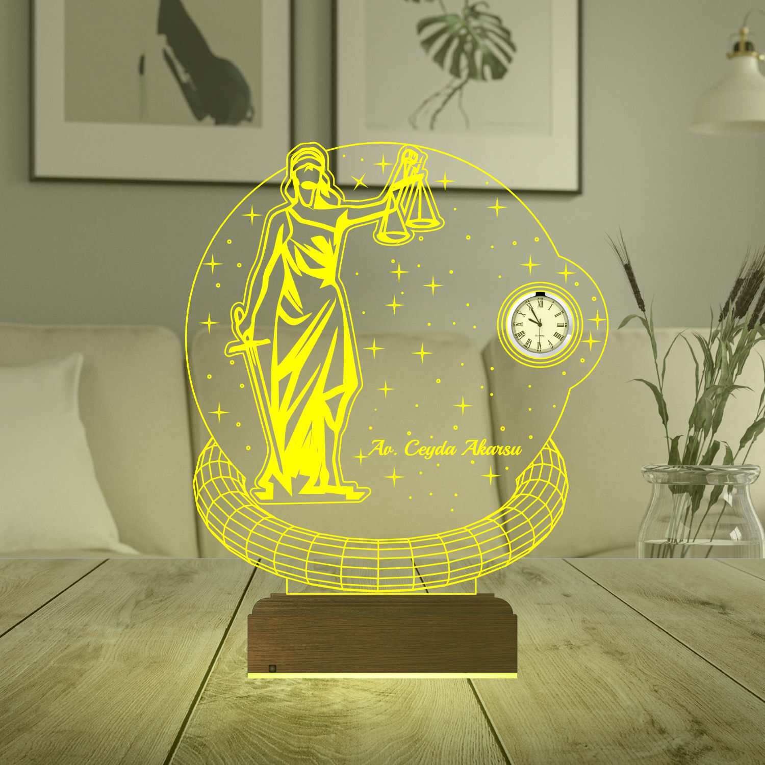 Именной подарок: 3d светильник "Фемида" с часами 4