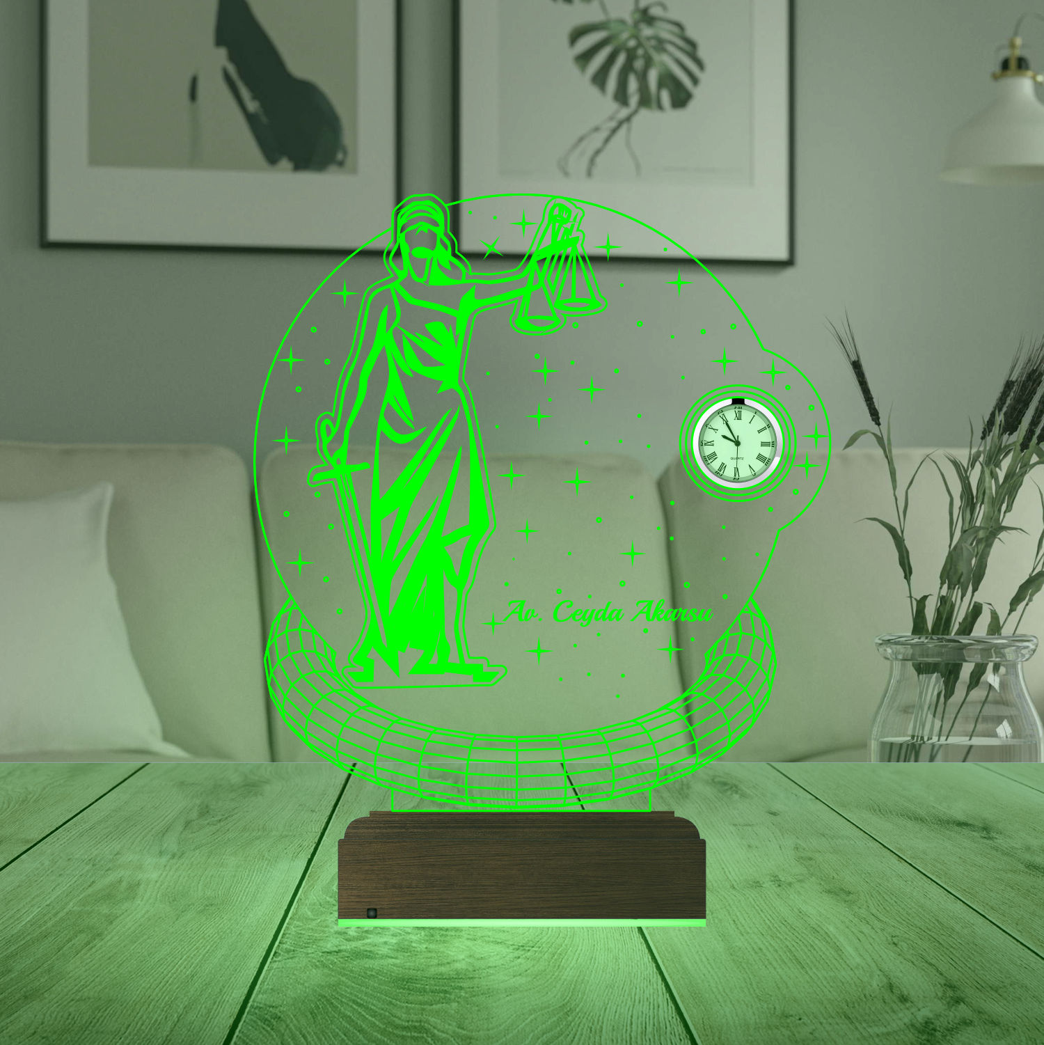 Именной подарок: 3d светильник "Фемида" с часами 5