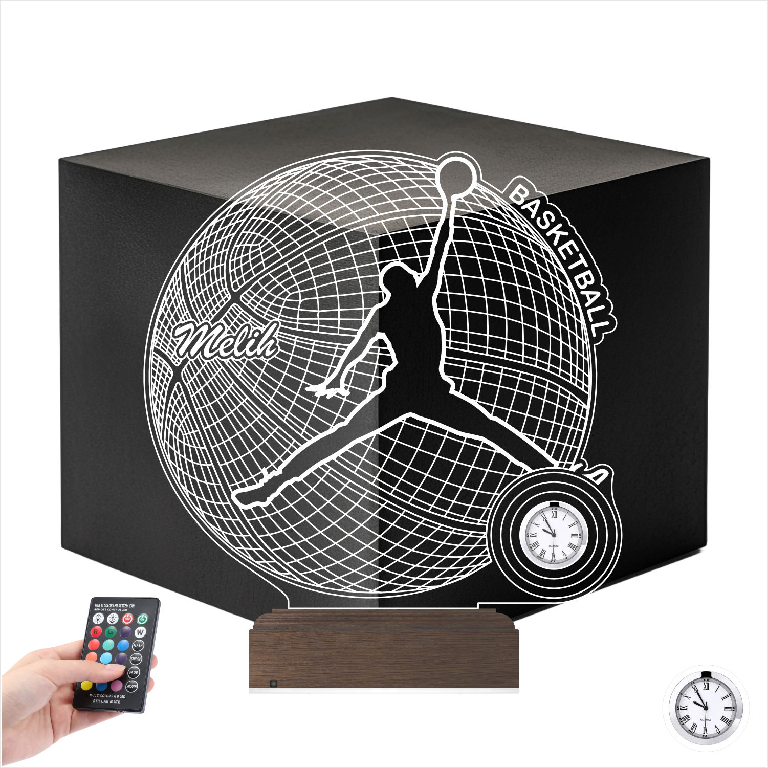 Именной подарок: 3d светильник "Баскетболист" с часами 7