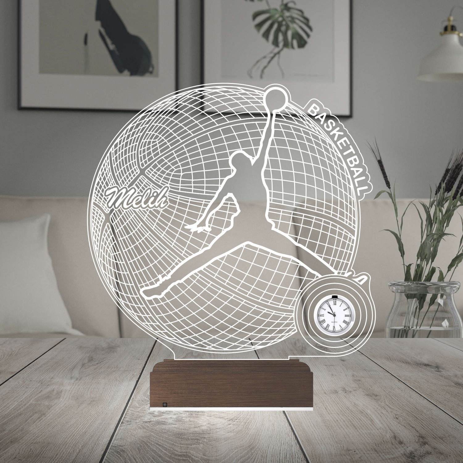 Именной подарок: 3d светильник "Баскетболист" с часами 6
