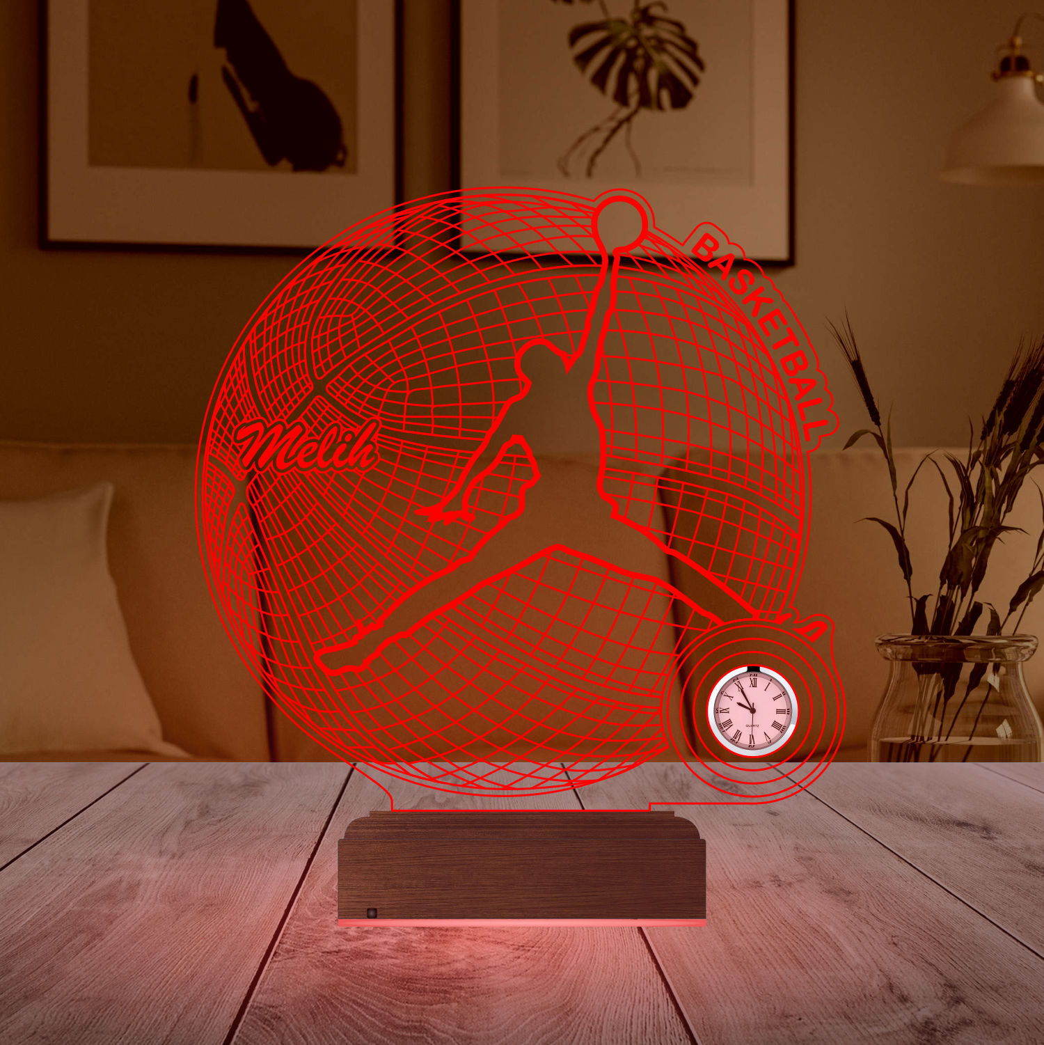 Именной подарок: 3d светильник "Баскетболист" с часами 3