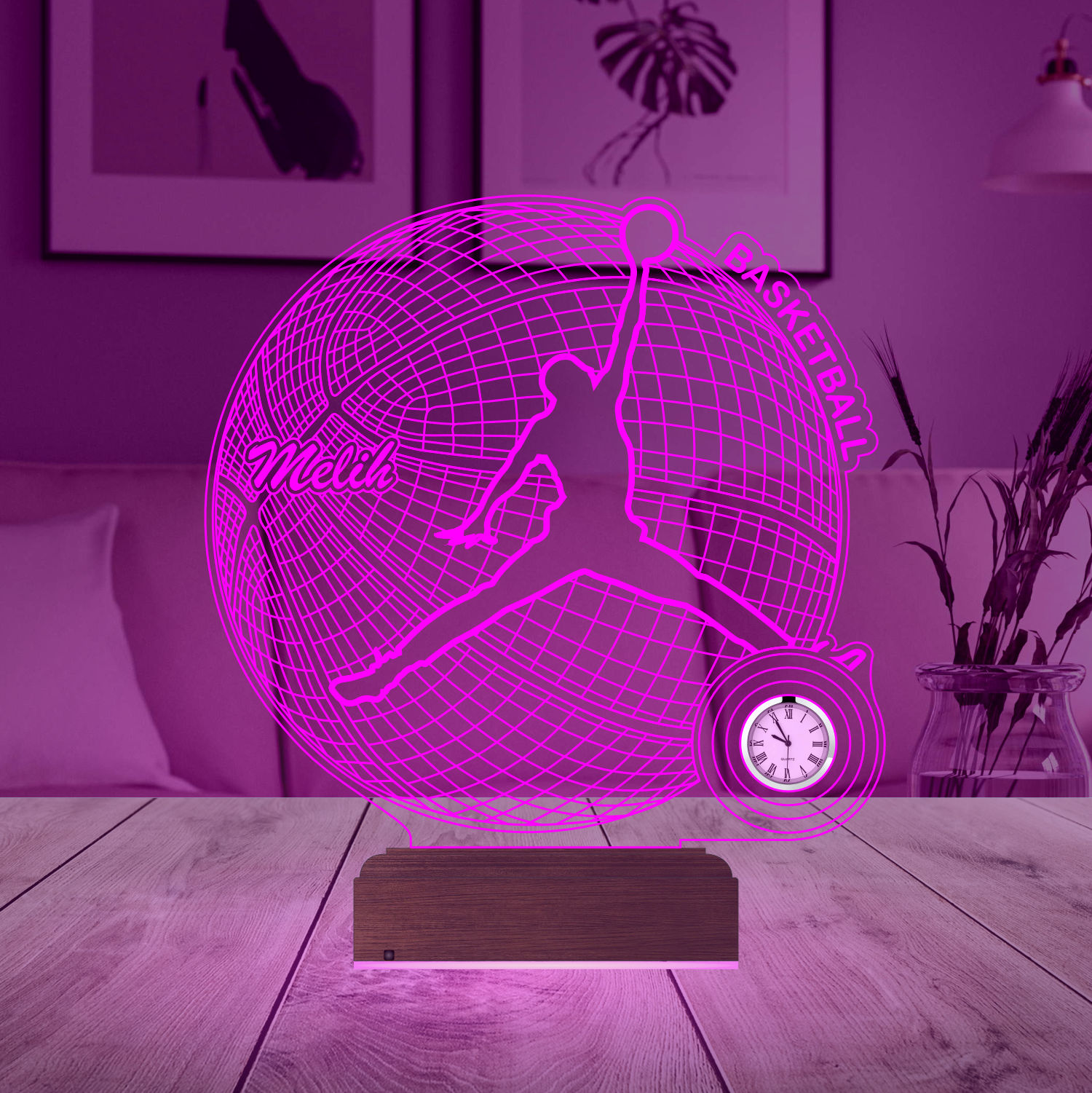 Именной подарок: 3d светильник "Баскетболист" с часами 2