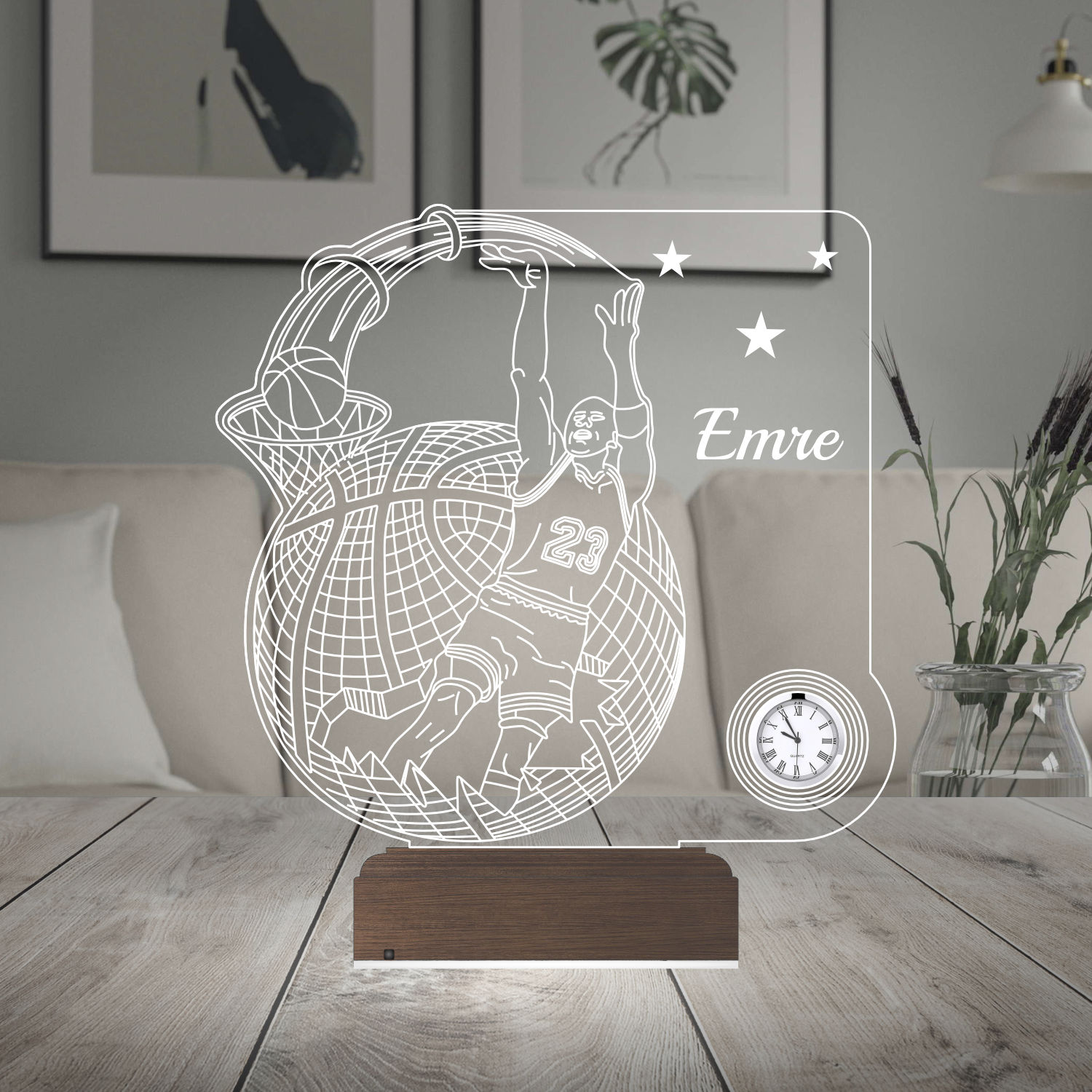 Именной подарок: 3d светильник "Легенда №23" с часами 6