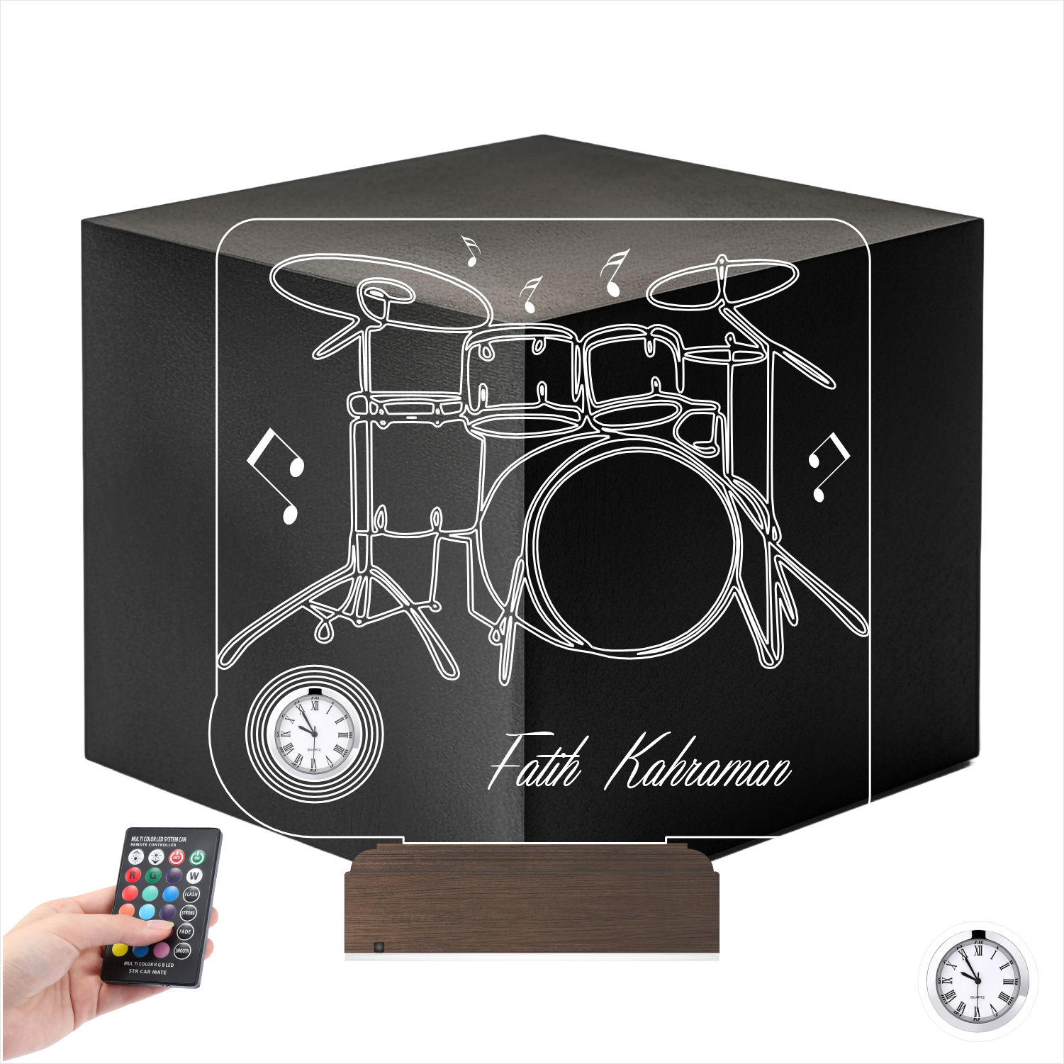 Именной подарок: 3d светильник "Барабанная установка" с часами 7