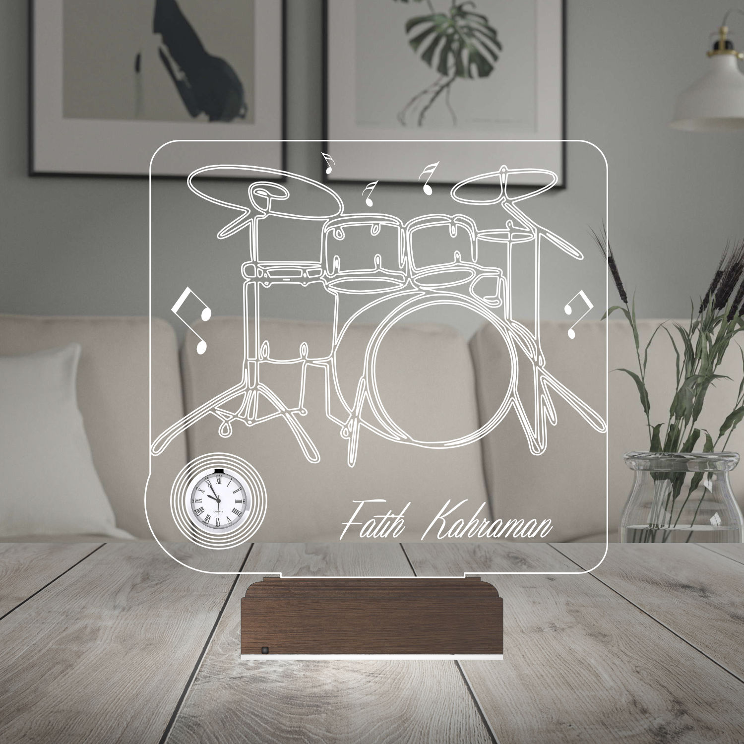 Именной подарок: 3d светильник "Барабанная установка" с часами 6