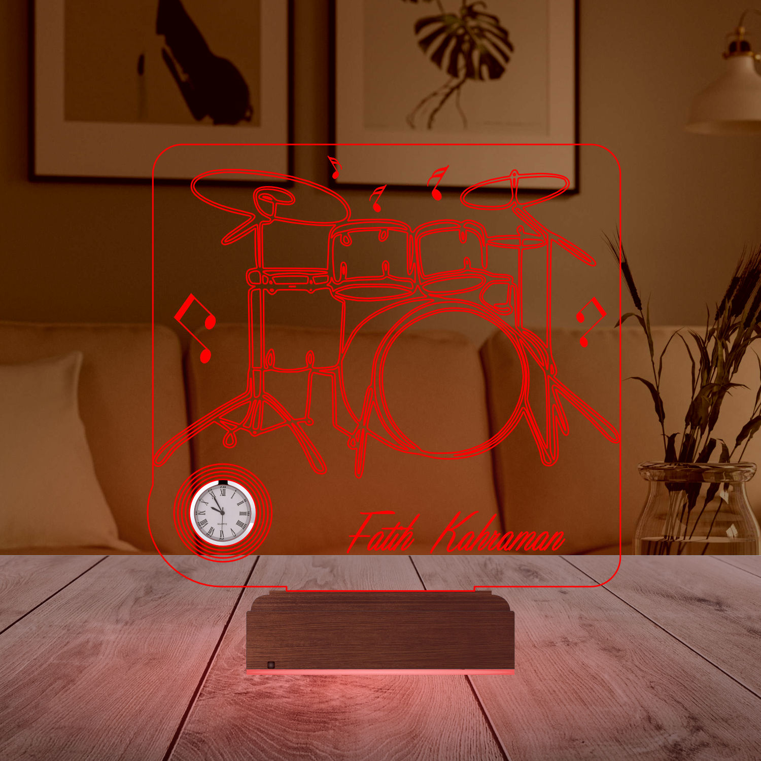 Именной подарок: 3d светильник "Барабанная установка" с часами 3