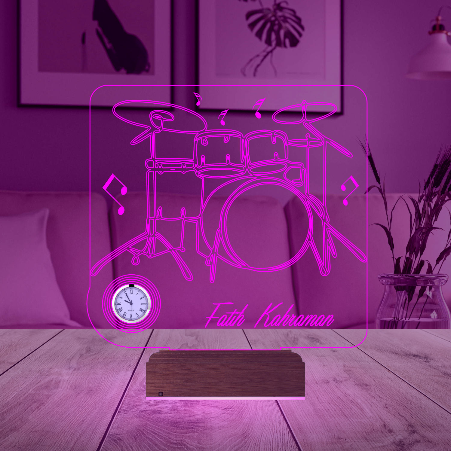 Именной подарок: 3d светильник "Барабанная установка" с часами 2