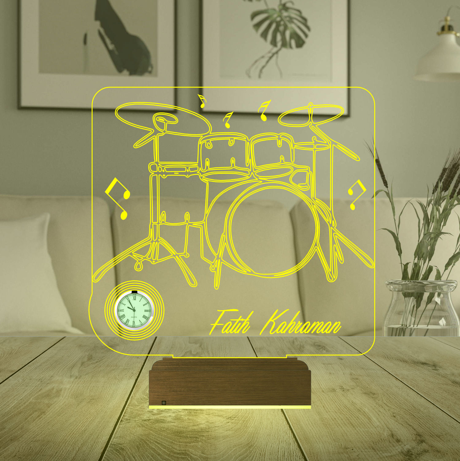 Именной подарок: 3d светильник "Барабанная установка" с часами 4