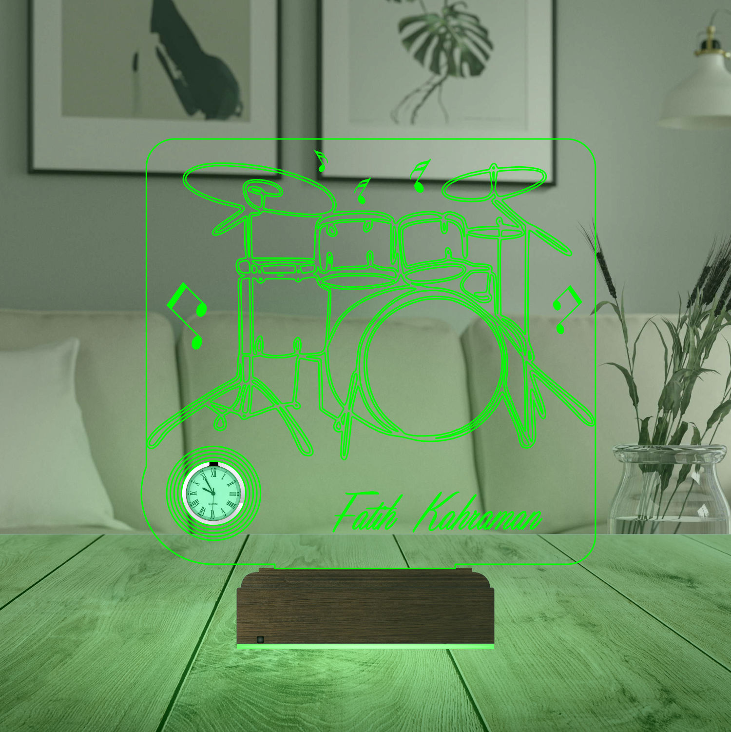 Именной подарок: 3d светильник "Барабанная установка" с часами 5