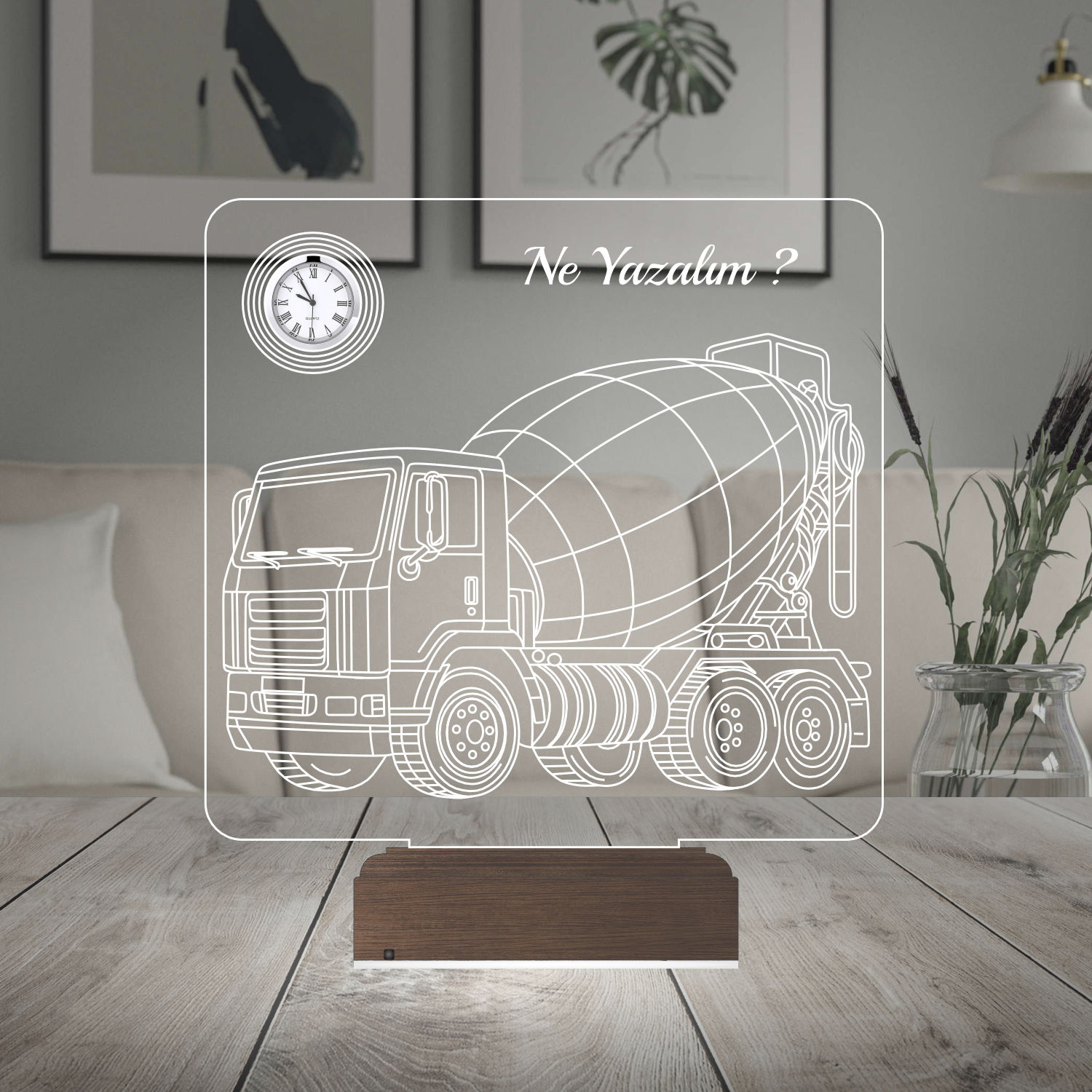 Именной подарок: 3d светильник "Бетономешалка" с часами 6