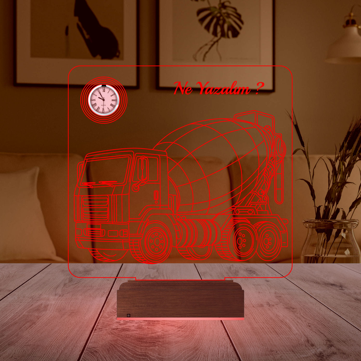 Именной подарок: 3d светильник "Бетономешалка" с часами 3