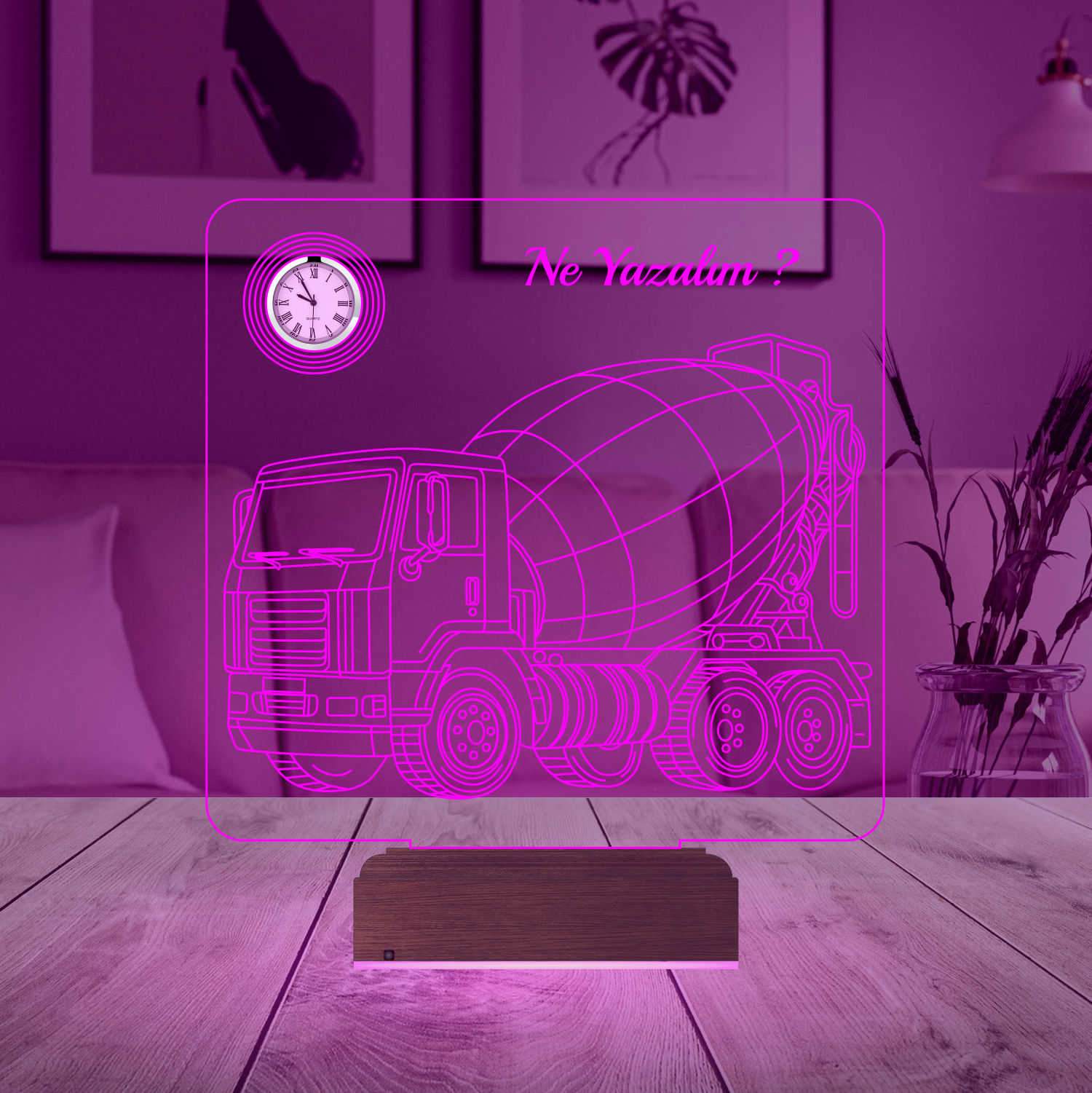 Именной подарок: 3d светильник "Бетономешалка" с часами 2