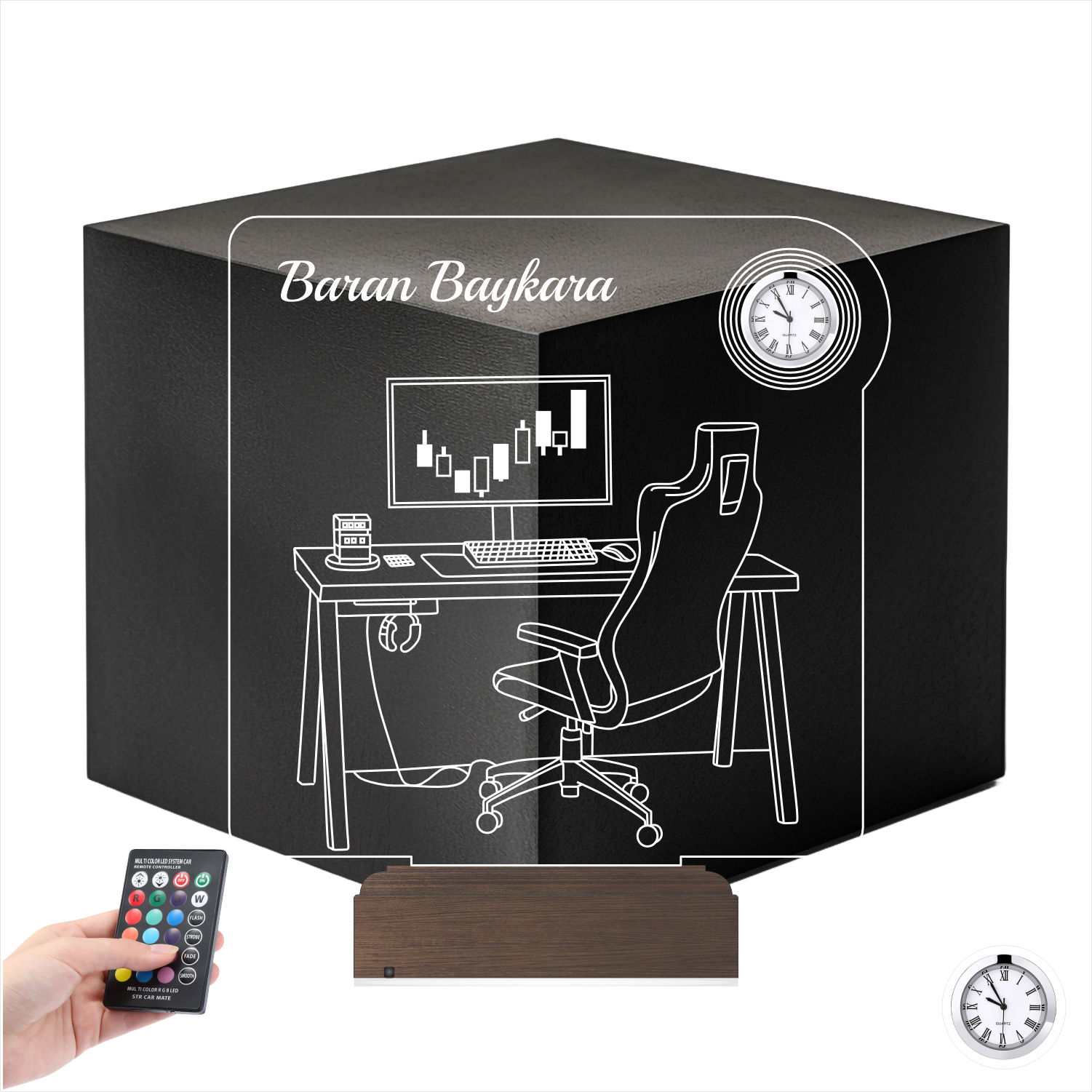 Именной подарок: 3d светильник "Рабочее место" с часами 7