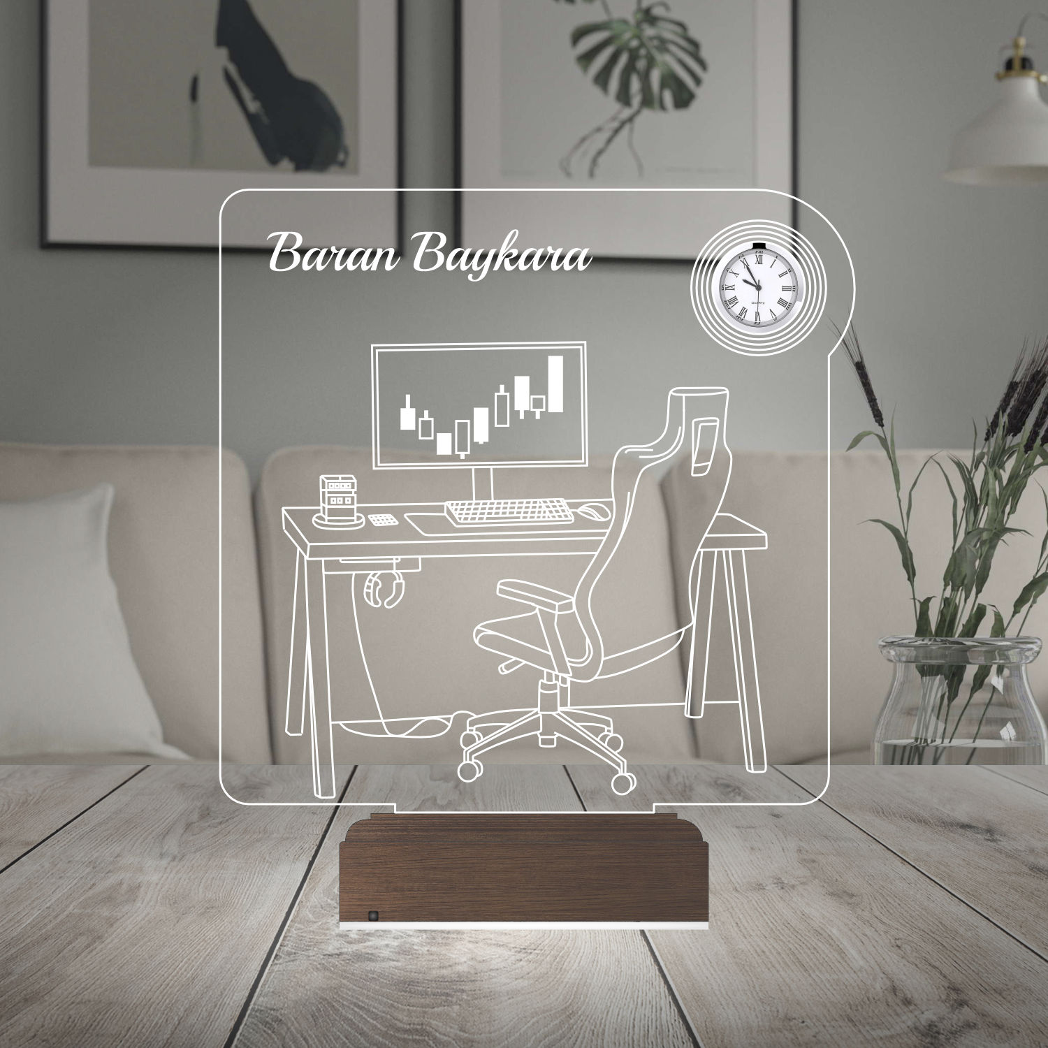 Именной подарок: 3d светильник "Рабочее место" с часами 6