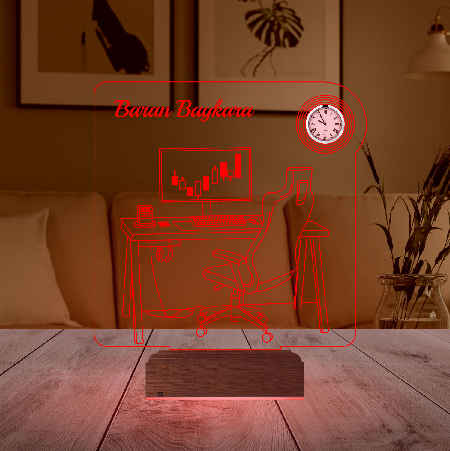 Именной подарок: 3d светильник "Рабочее место" с часами 3