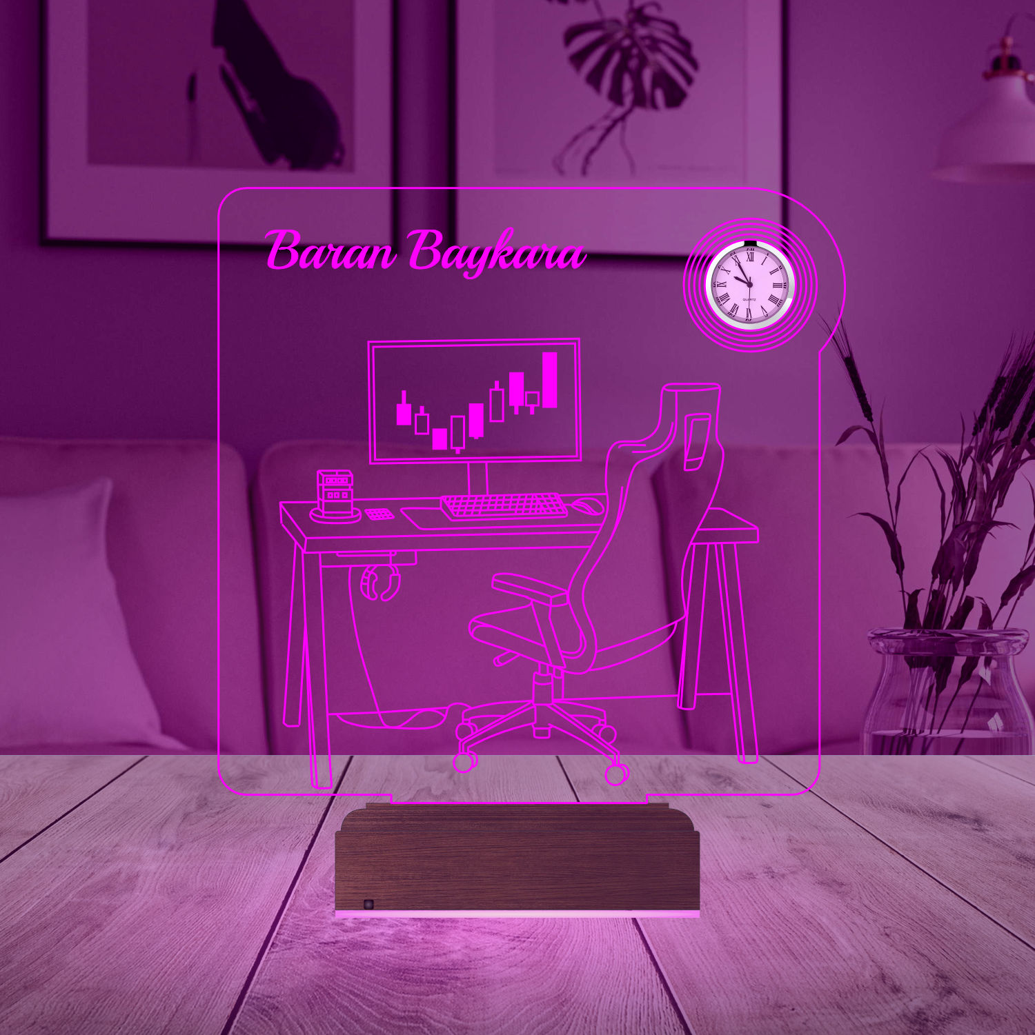 Именной подарок: 3d светильник "Рабочее место" с часами 2