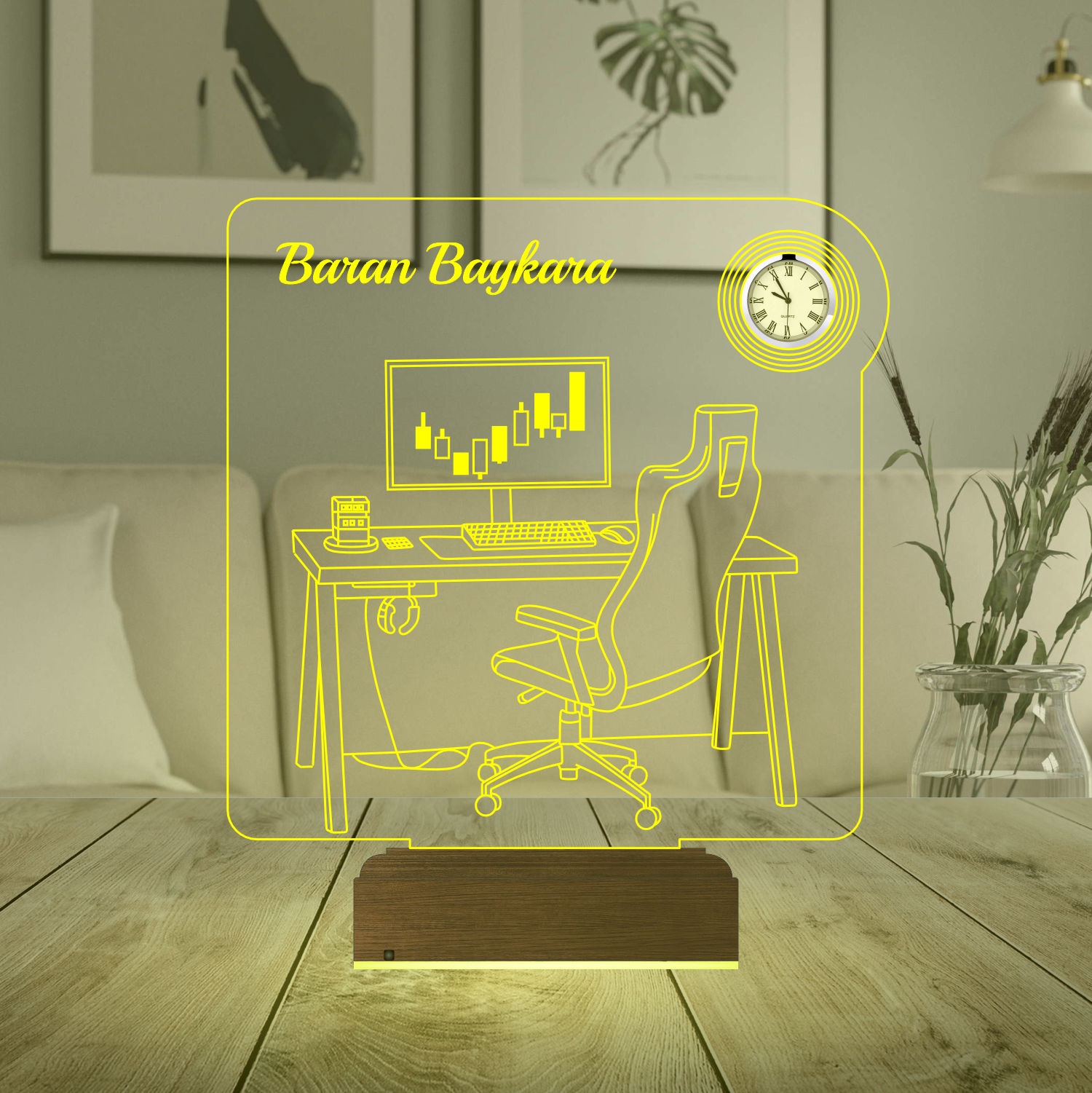 Именной подарок: 3d светильник "Рабочее место" с часами 4