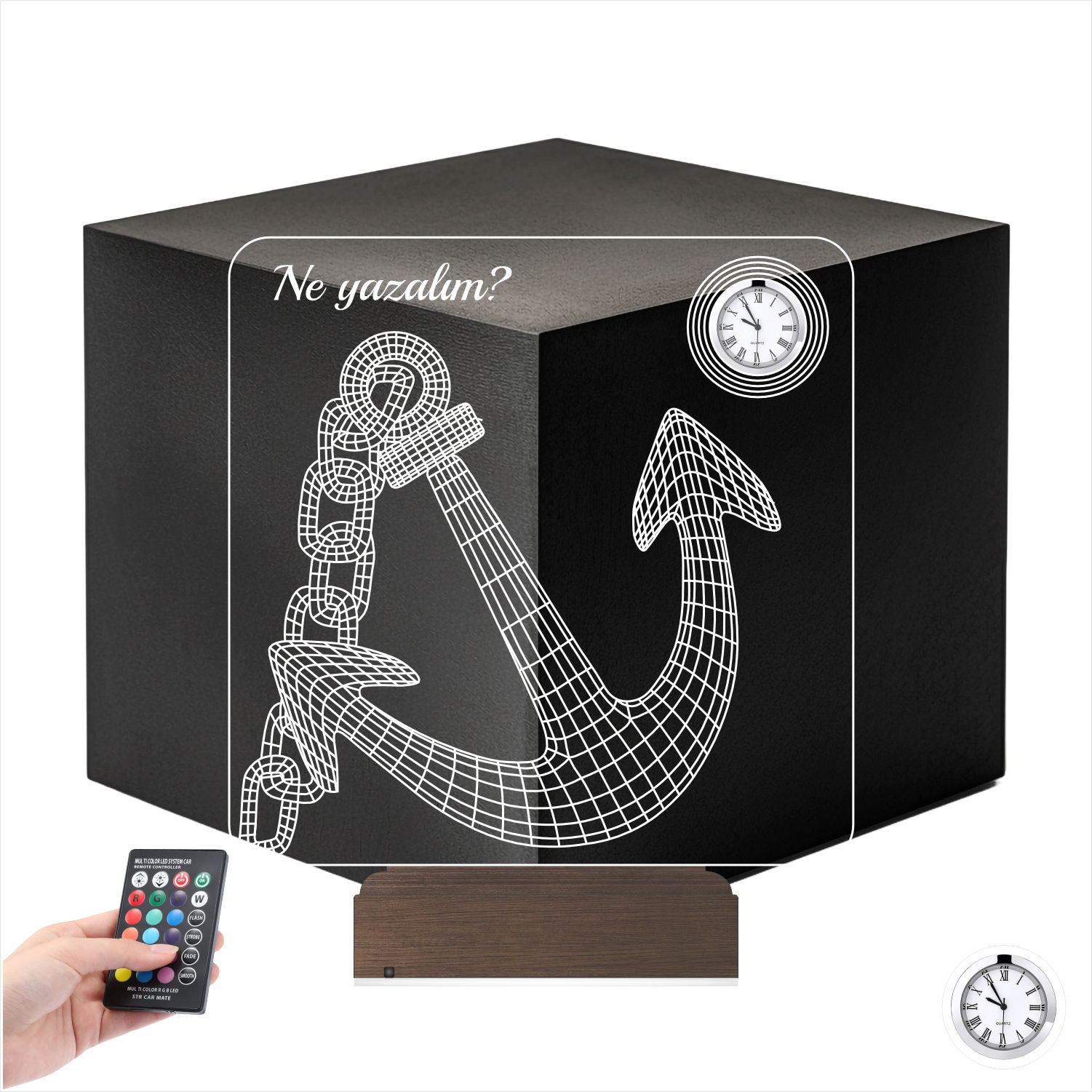 Именной подарок: 3d светильник "Якорь" с часами 7