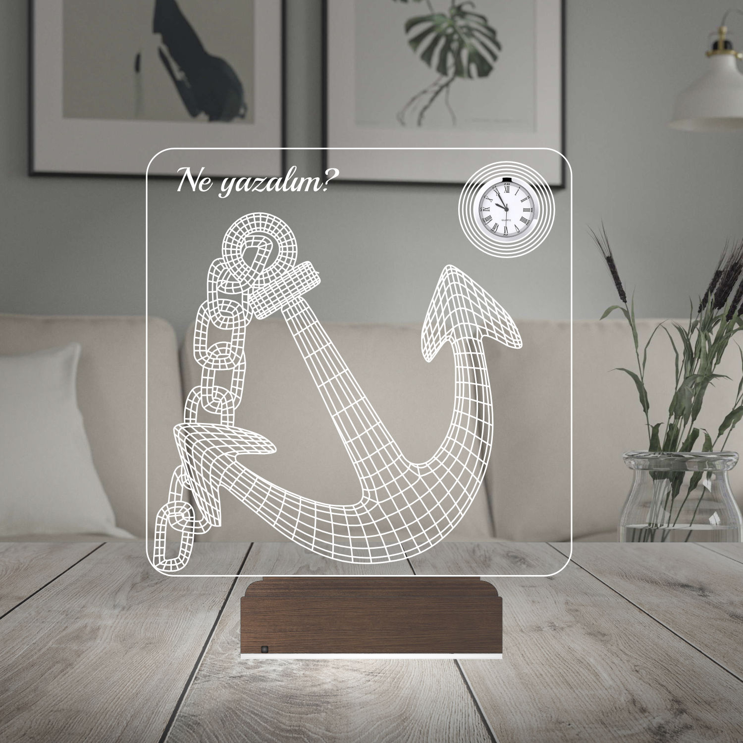 Именной подарок: 3d светильник "Якорь" с часами 3