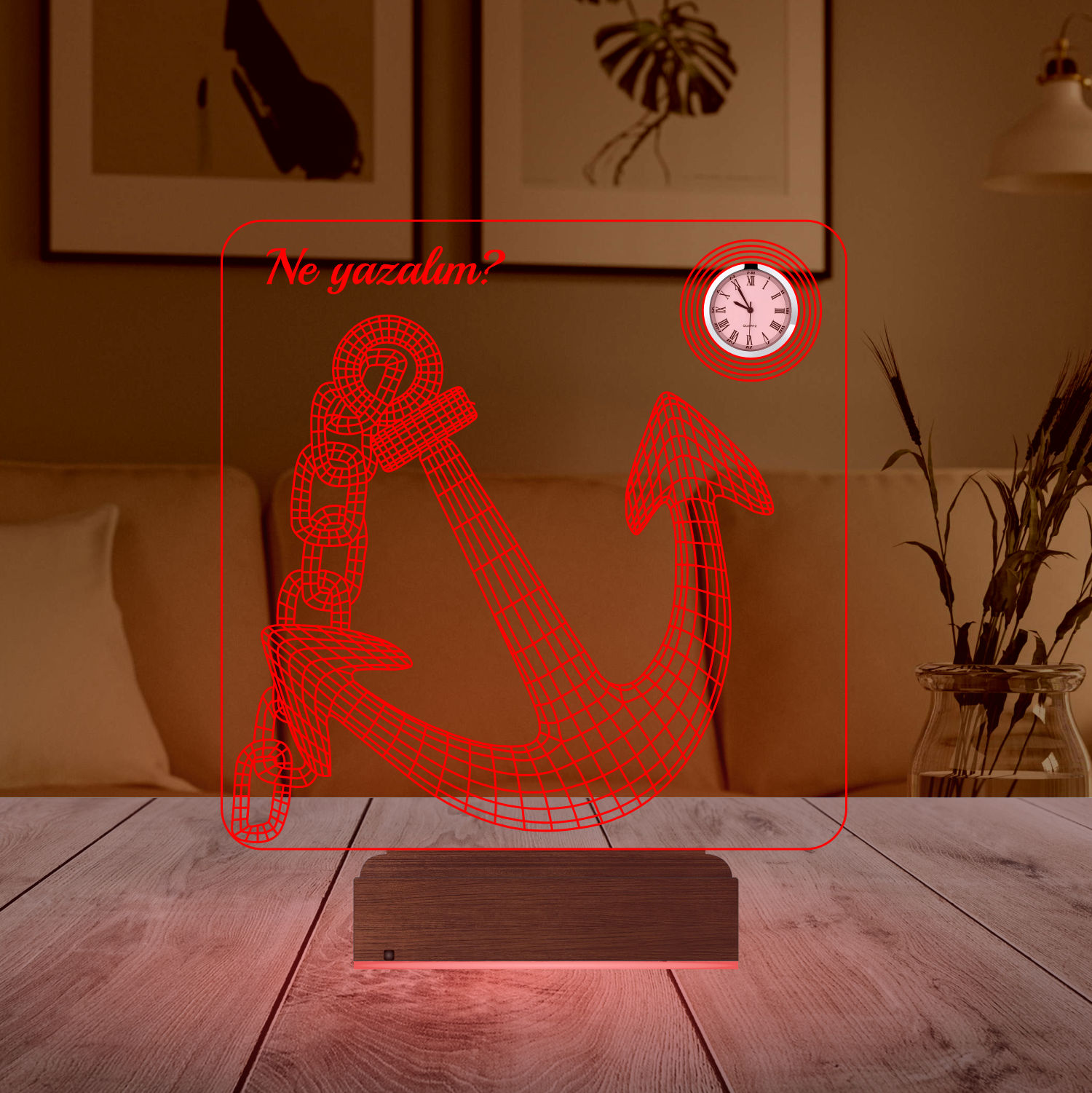 Именной подарок: 3d светильник "Якорь" с часами 4