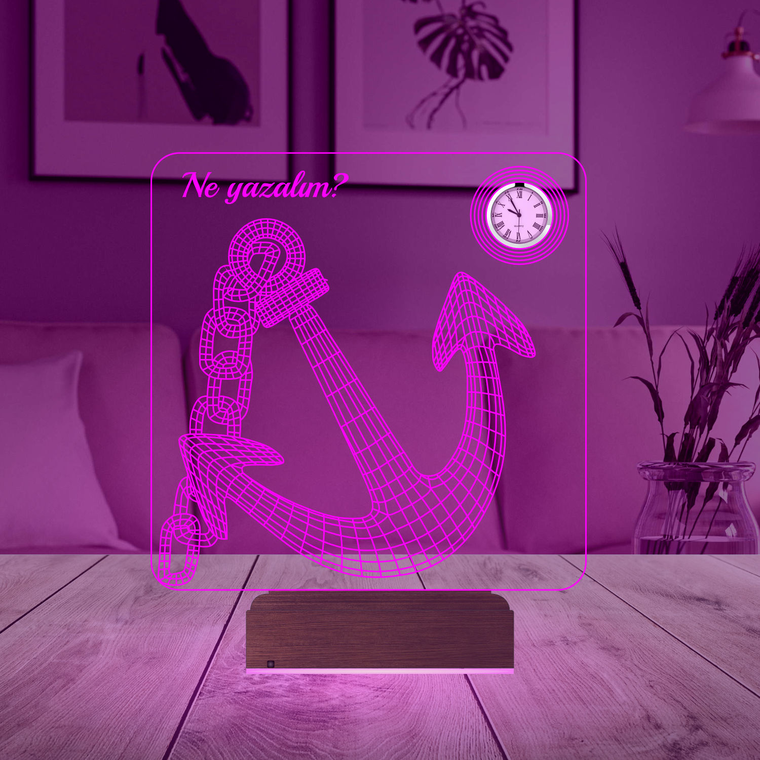 Именной подарок: 3d светильник "Якорь" с часами 2