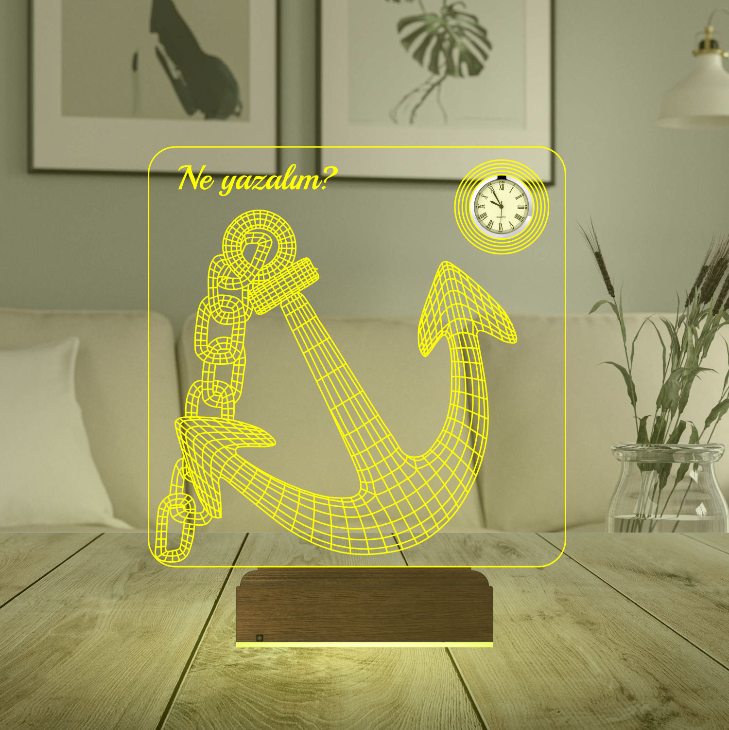 Именной подарок: 3d светильник "Якорь" с часами 5