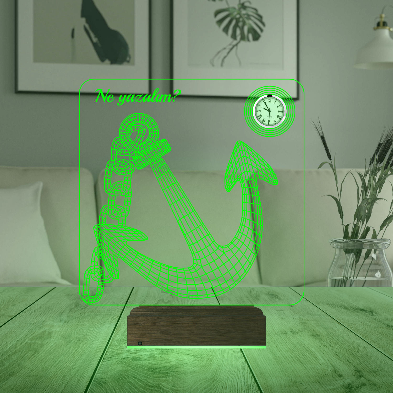 Именной подарок: 3d светильник "Якорь" с часами 6