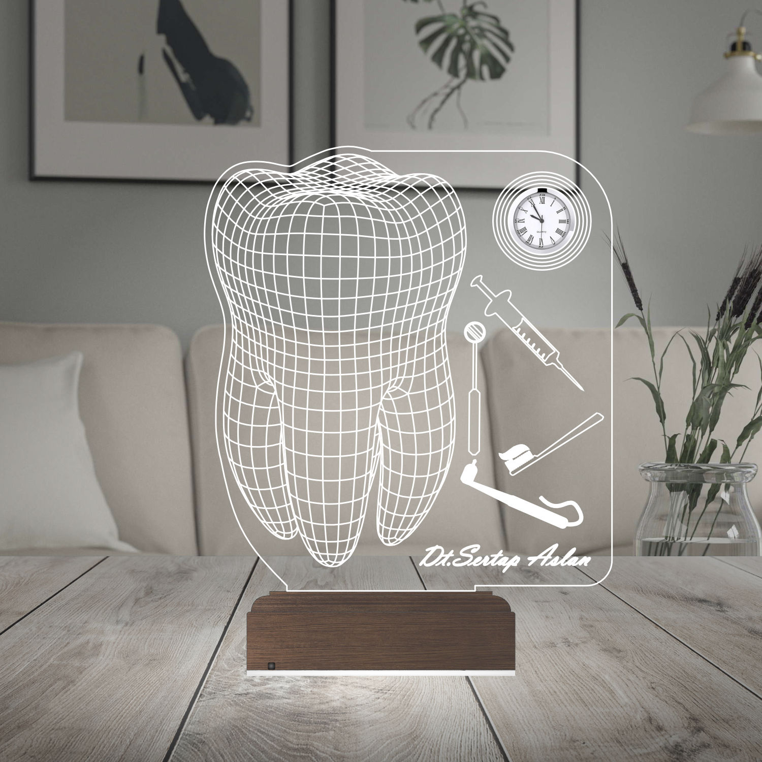 Именной подарок: 3d светильник "Стоматолог" с часами 6