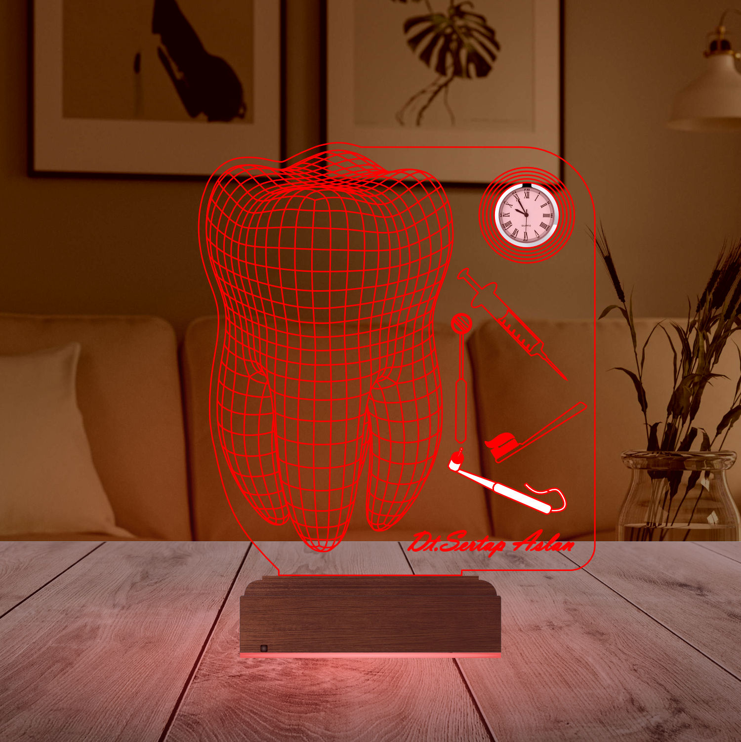 Именной подарок: 3d светильник "Стоматолог" с часами 3