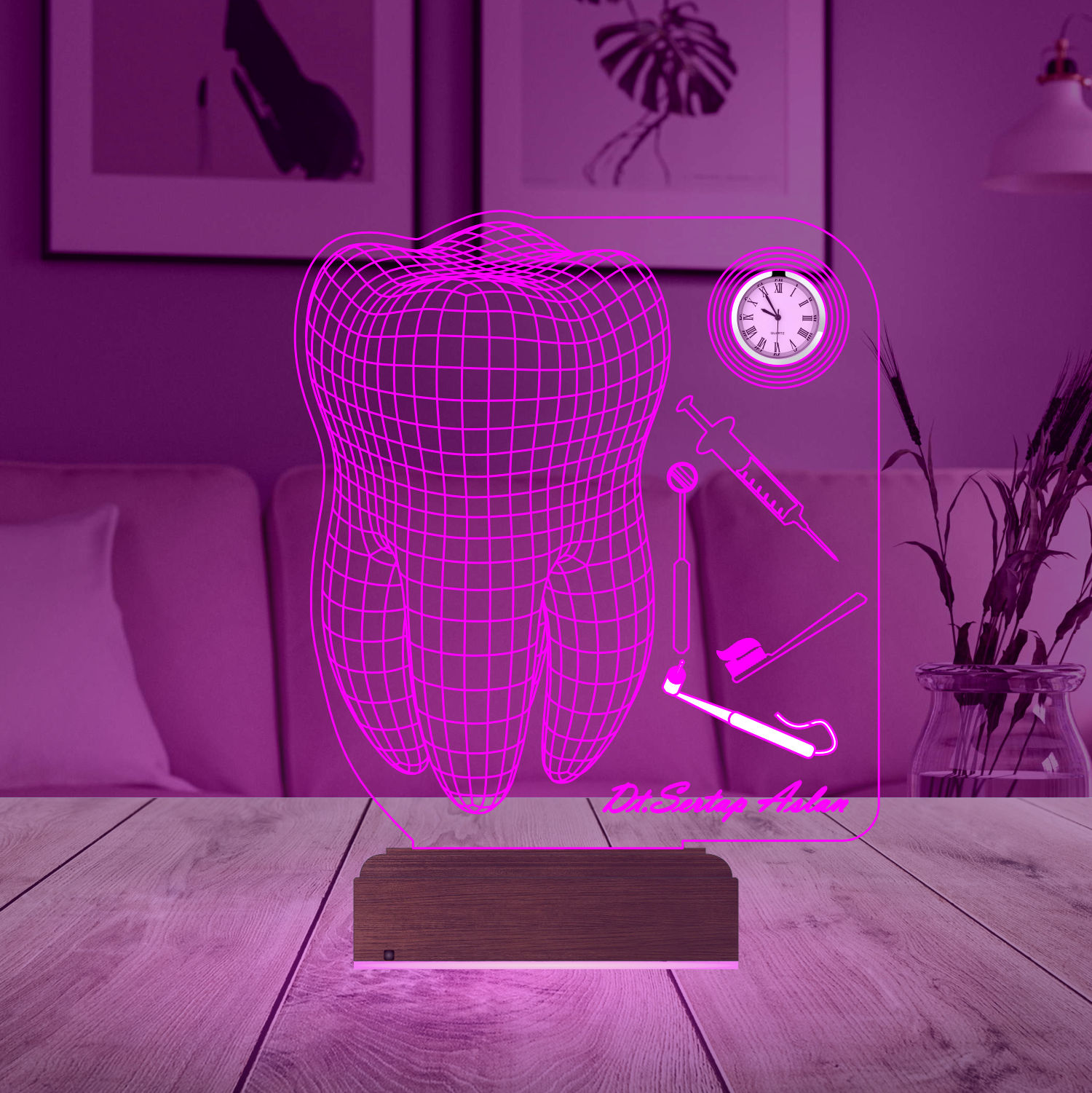 Именной подарок: 3d светильник "Стоматолог" с часами 2