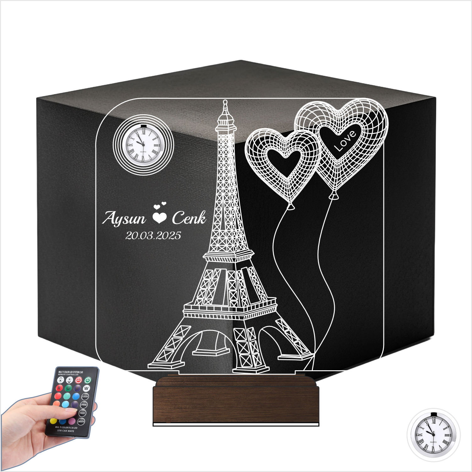 Именной подарок: 3d светильник "Париж и сердца" с часами 7
