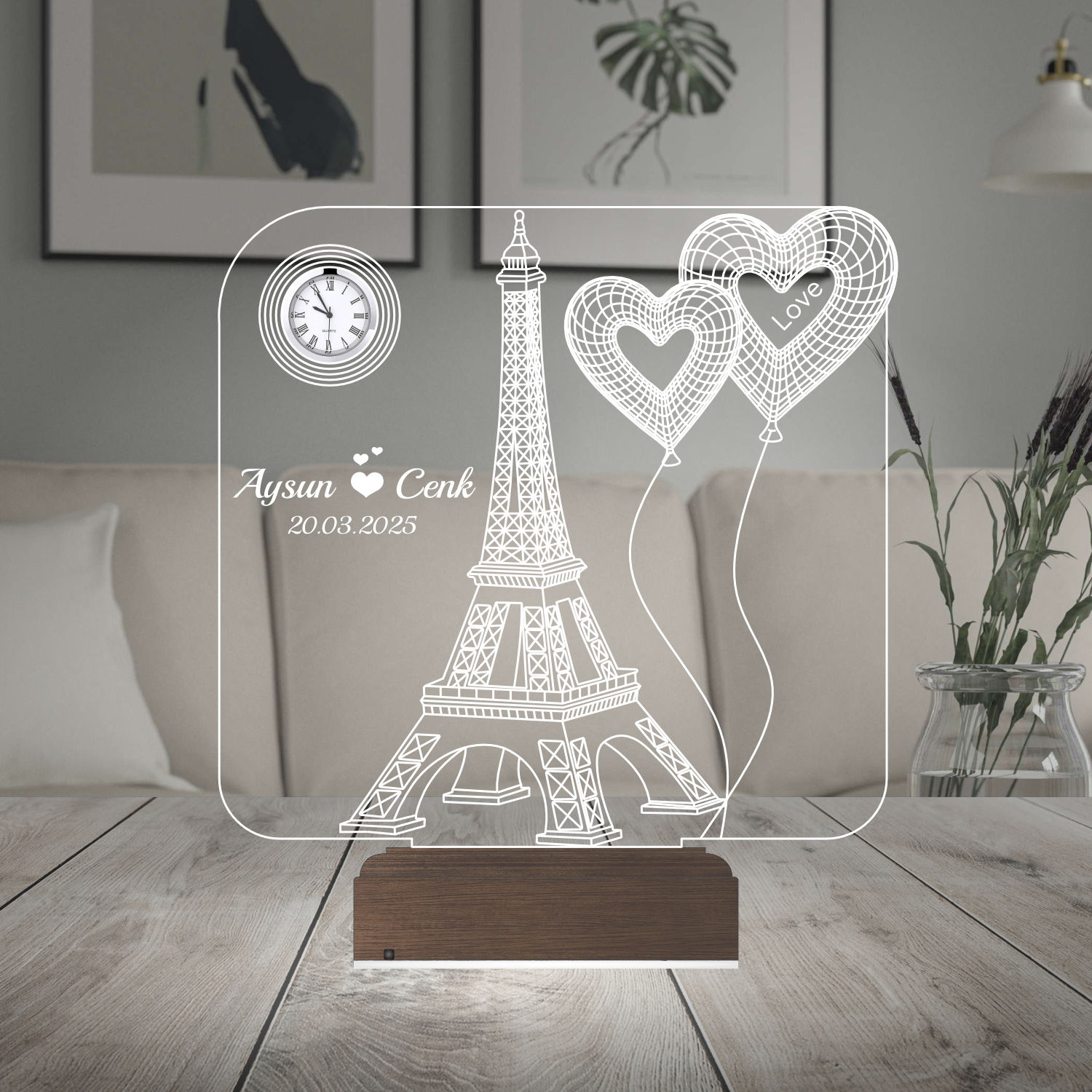 Именной подарок: 3d светильник "Париж и сердца" с часами 6