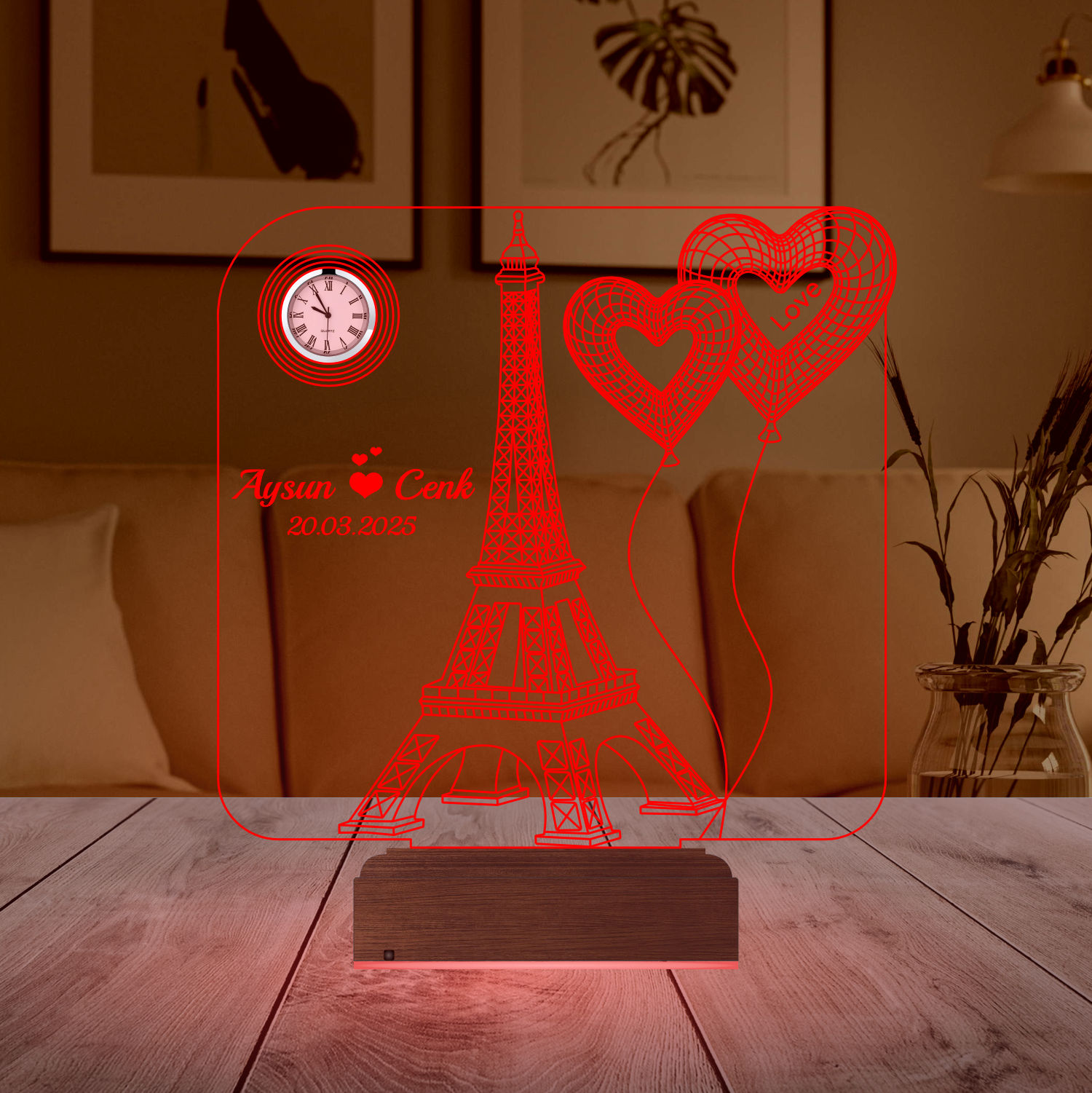 Именной подарок: 3d светильник "Париж и сердца" с часами 3