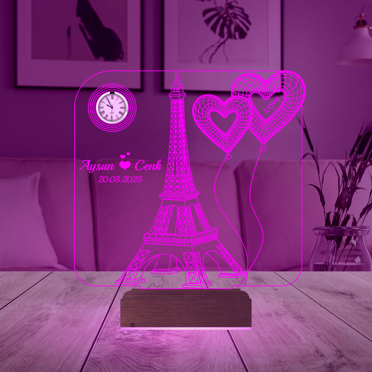 Именной подарок: 3d светильник "Париж и сердца" с часами 2