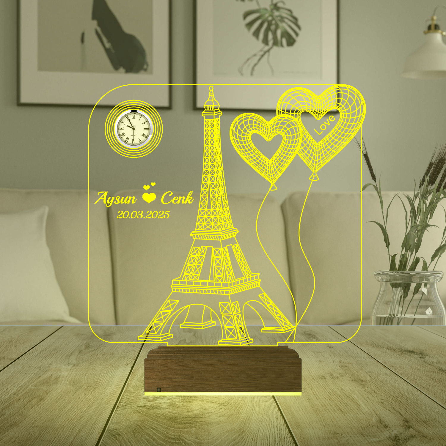 Именной подарок: 3d светильник "Париж и сердца" с часами 4