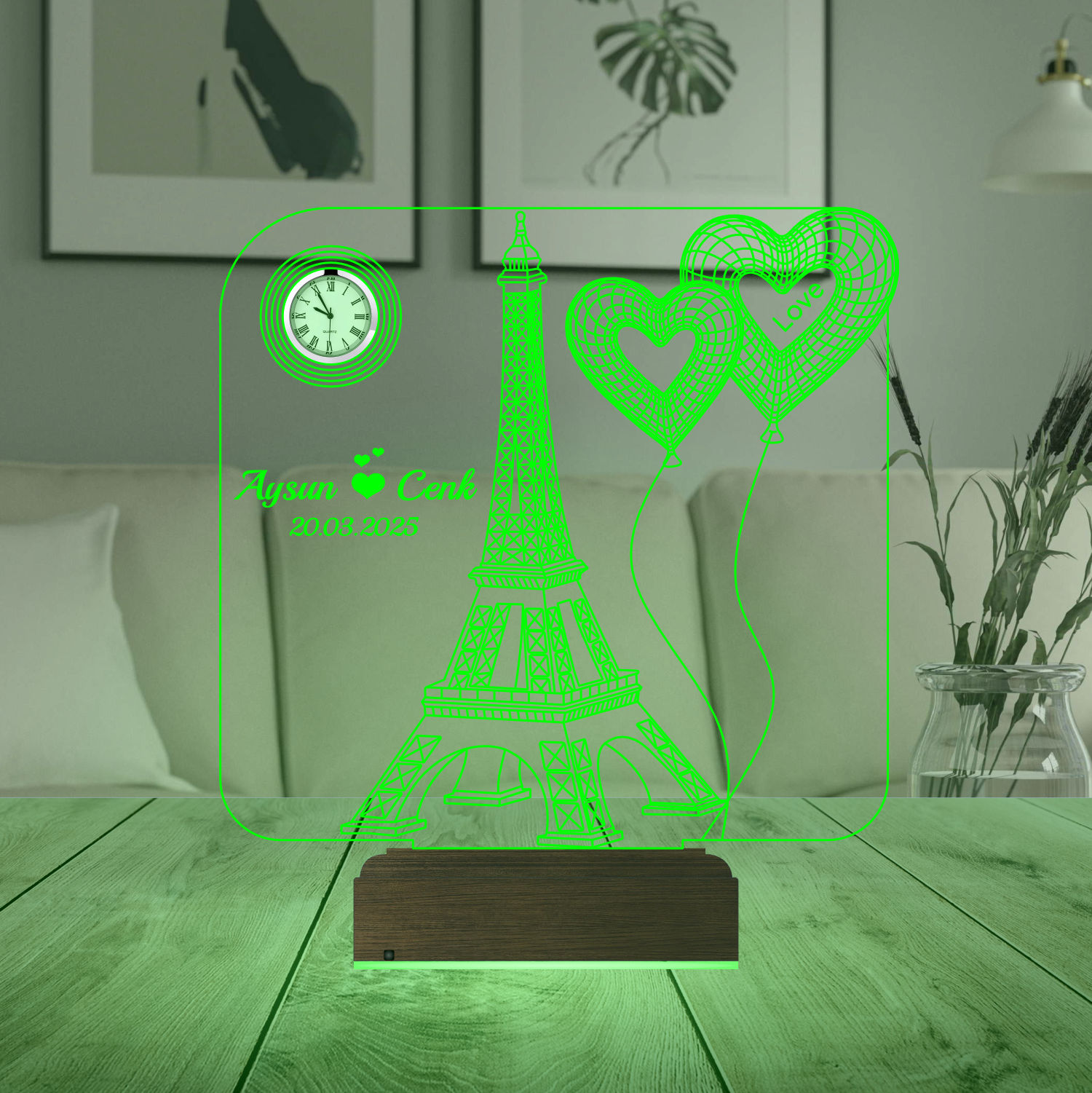 Именной подарок: 3d светильник "Париж и сердца" с часами 5