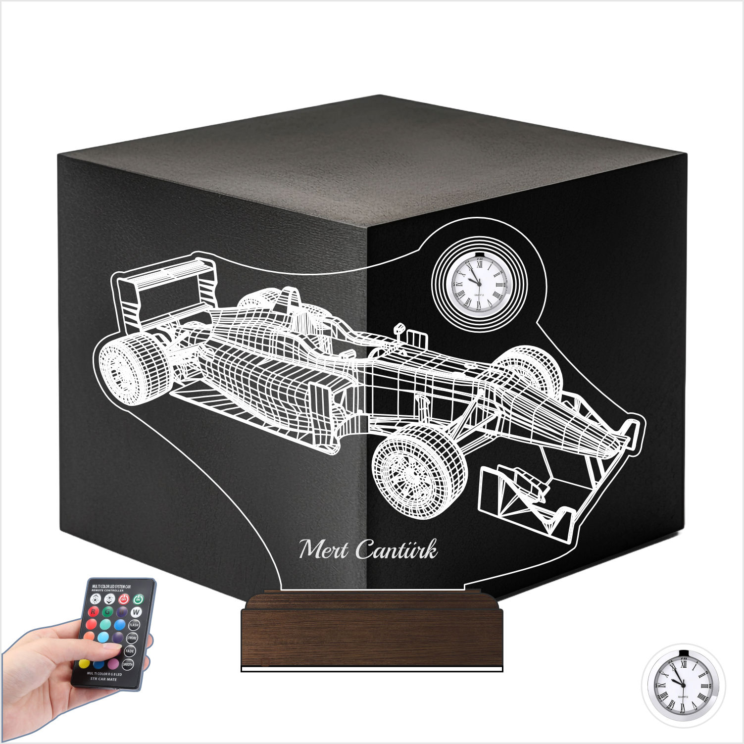 Именной подарок: 3d светильник "Болид F1" с часами 7