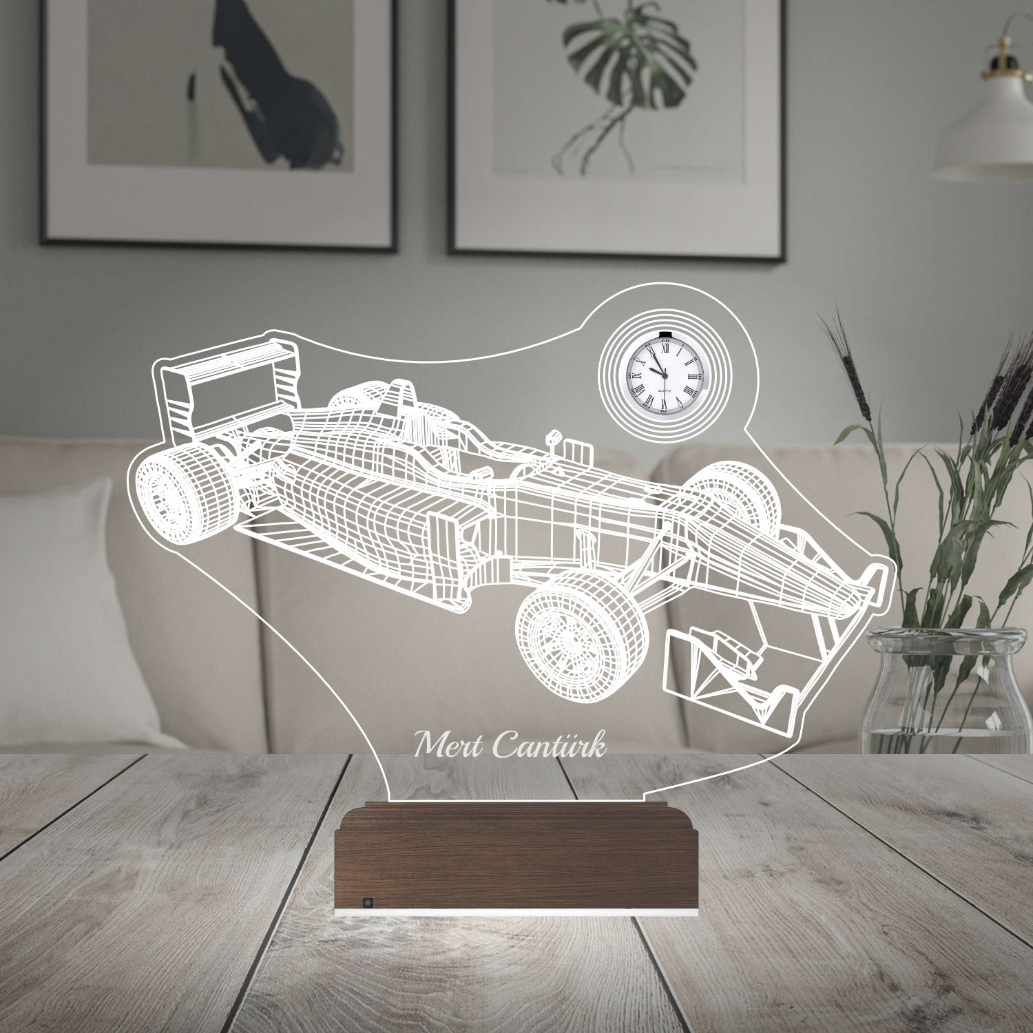 Именной подарок: 3d светильник "Болид F1" с часами 6