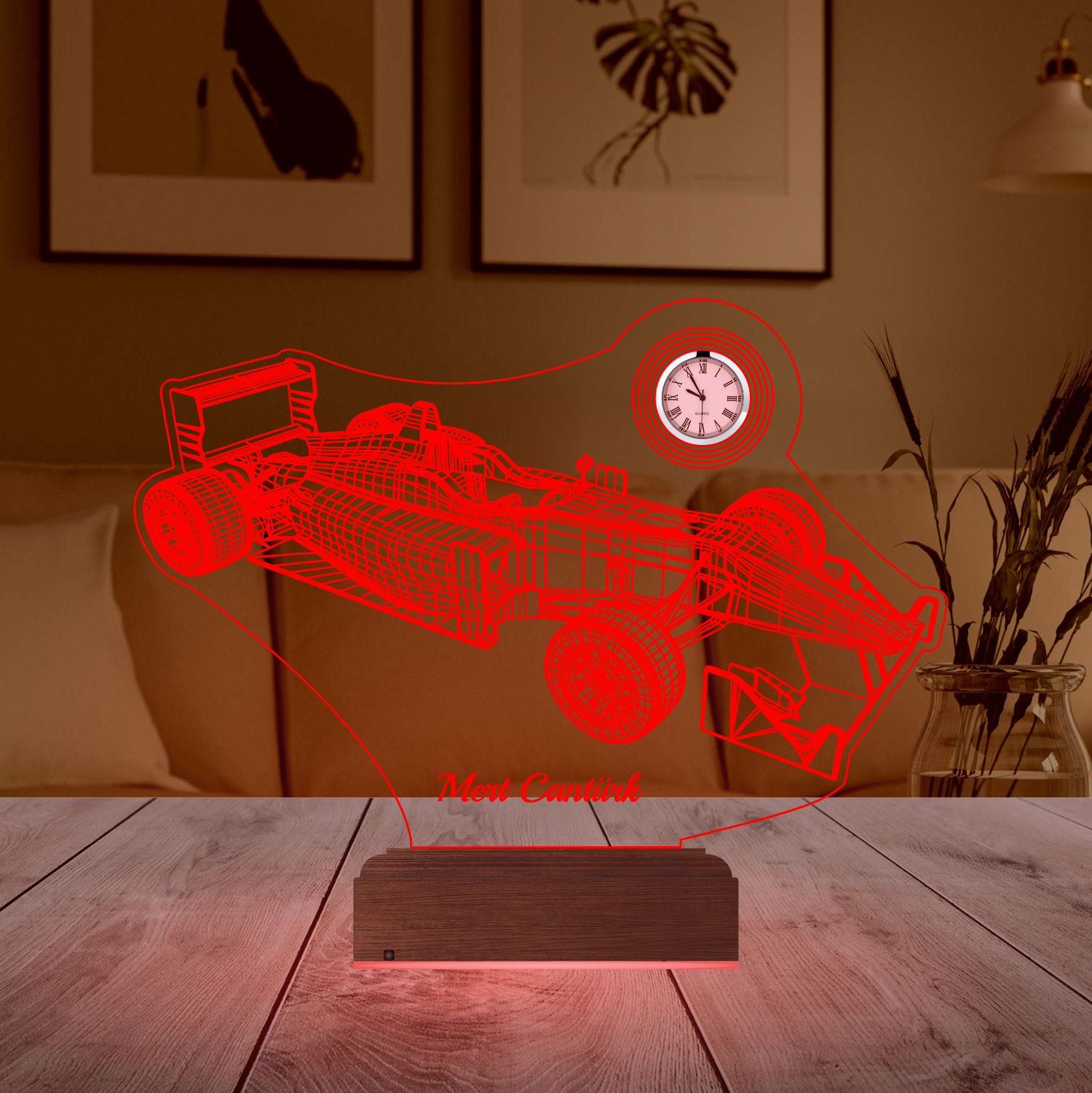Именной подарок: 3d светильник "Болид F1" с часами 3