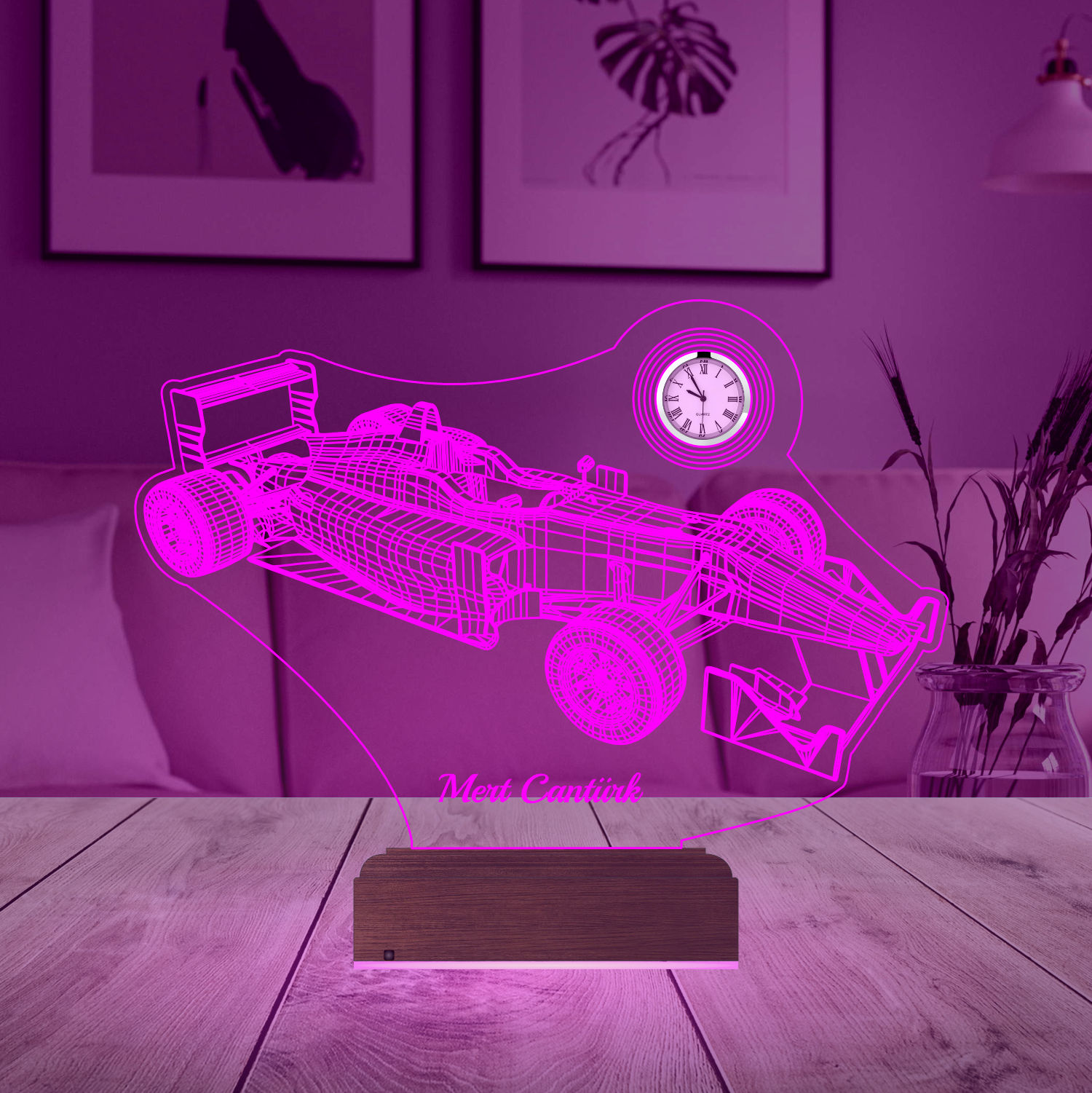 Именной подарок: 3d светильник "Болид F1" с часами 2