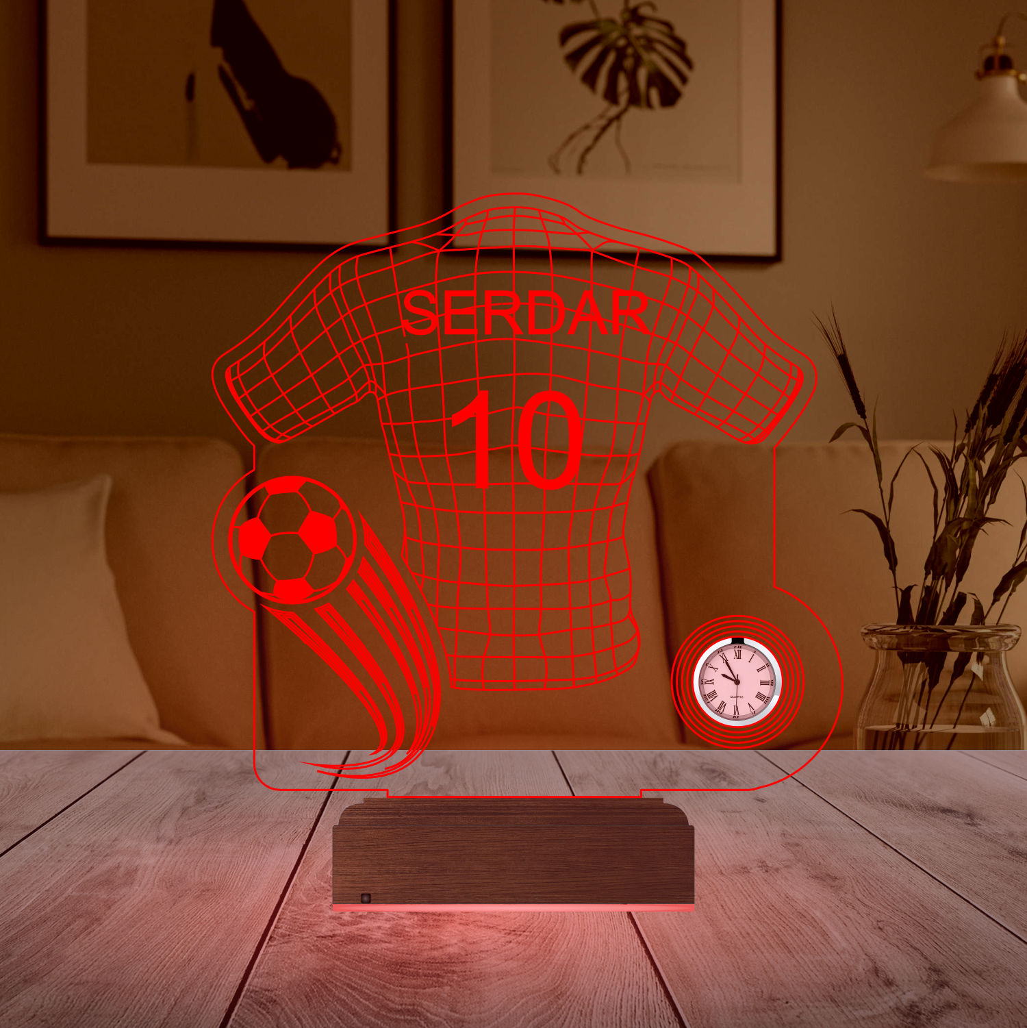 Именной подарок: 3d светильник "Футбольная форма" с часами 3
