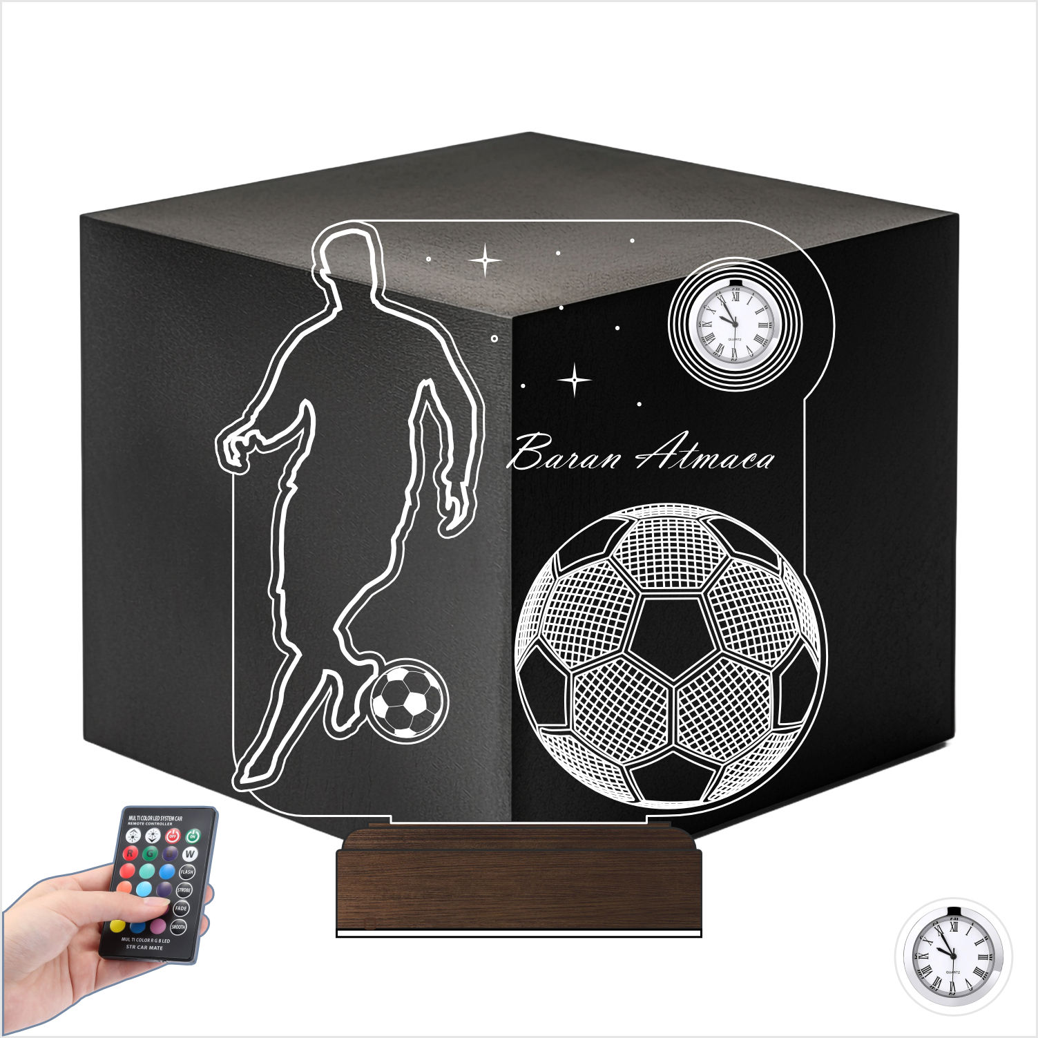 Именной подарок: 3d светильник "Футболист" с часами 7