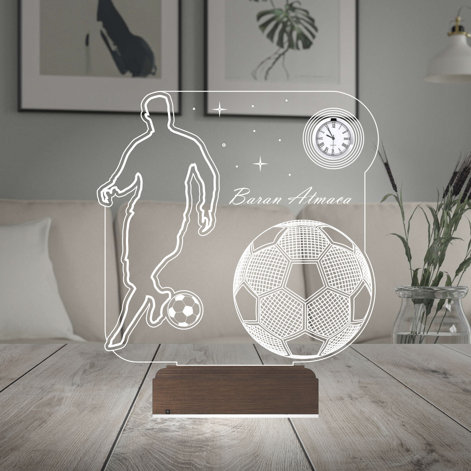 Именной подарок: 3d светильник "Футболист" с часами 6