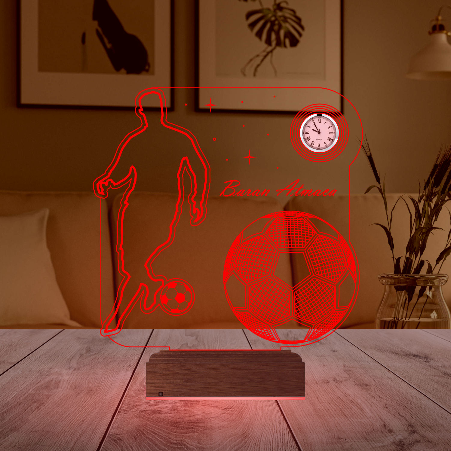 Именной подарок: 3d светильник "Футболист" с часами 3