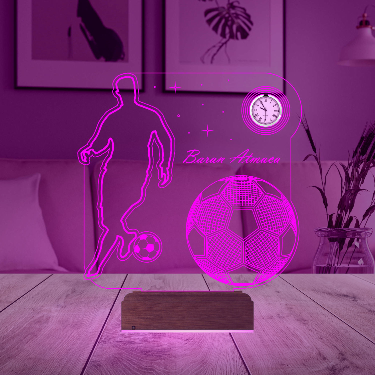 Именной подарок: 3d светильник "Футболист" с часами 2